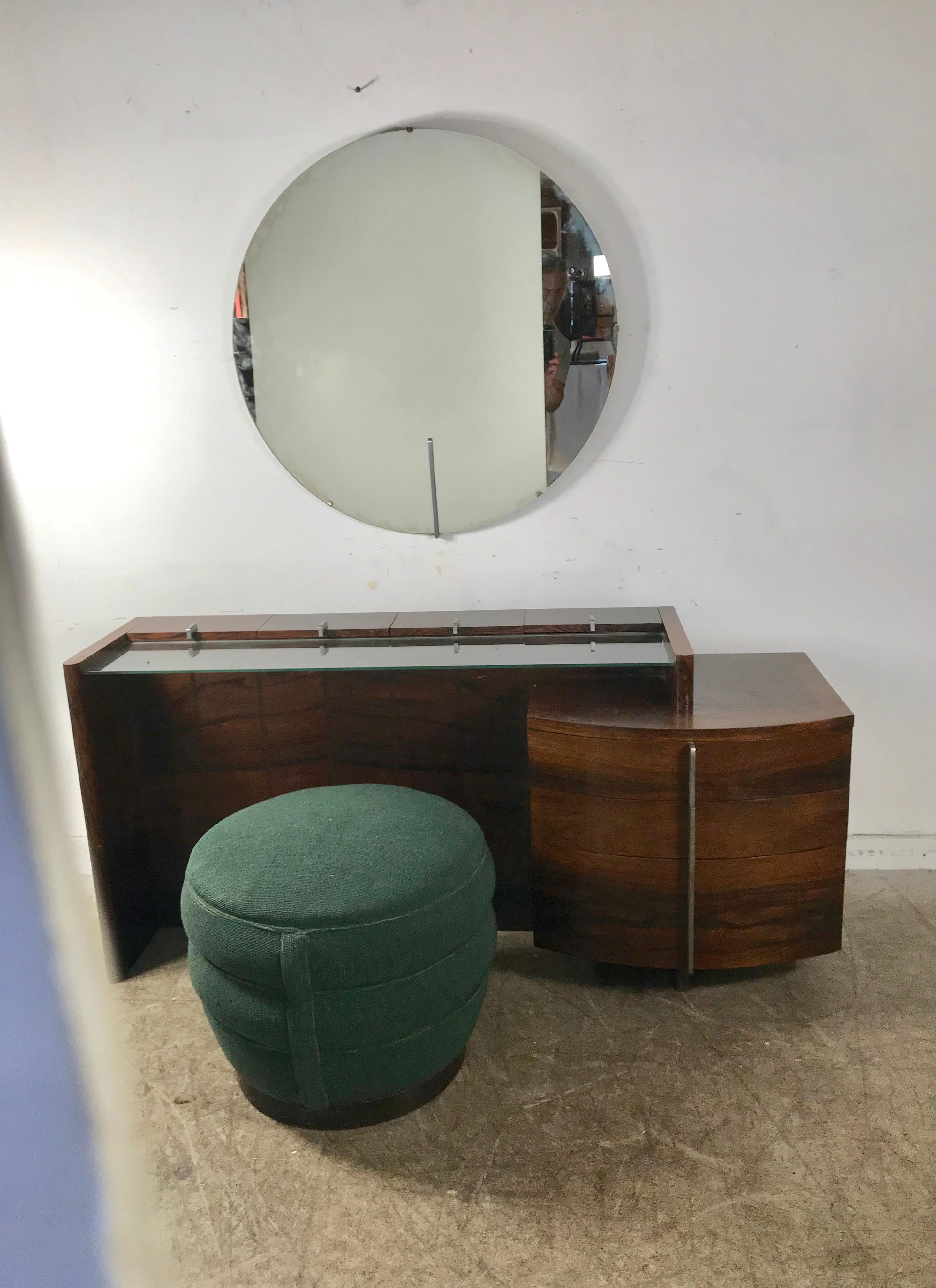 Stunning Gilbert Rohde Art Deco Rosewood Dressing Table, Poof and Mirror For Sale 1