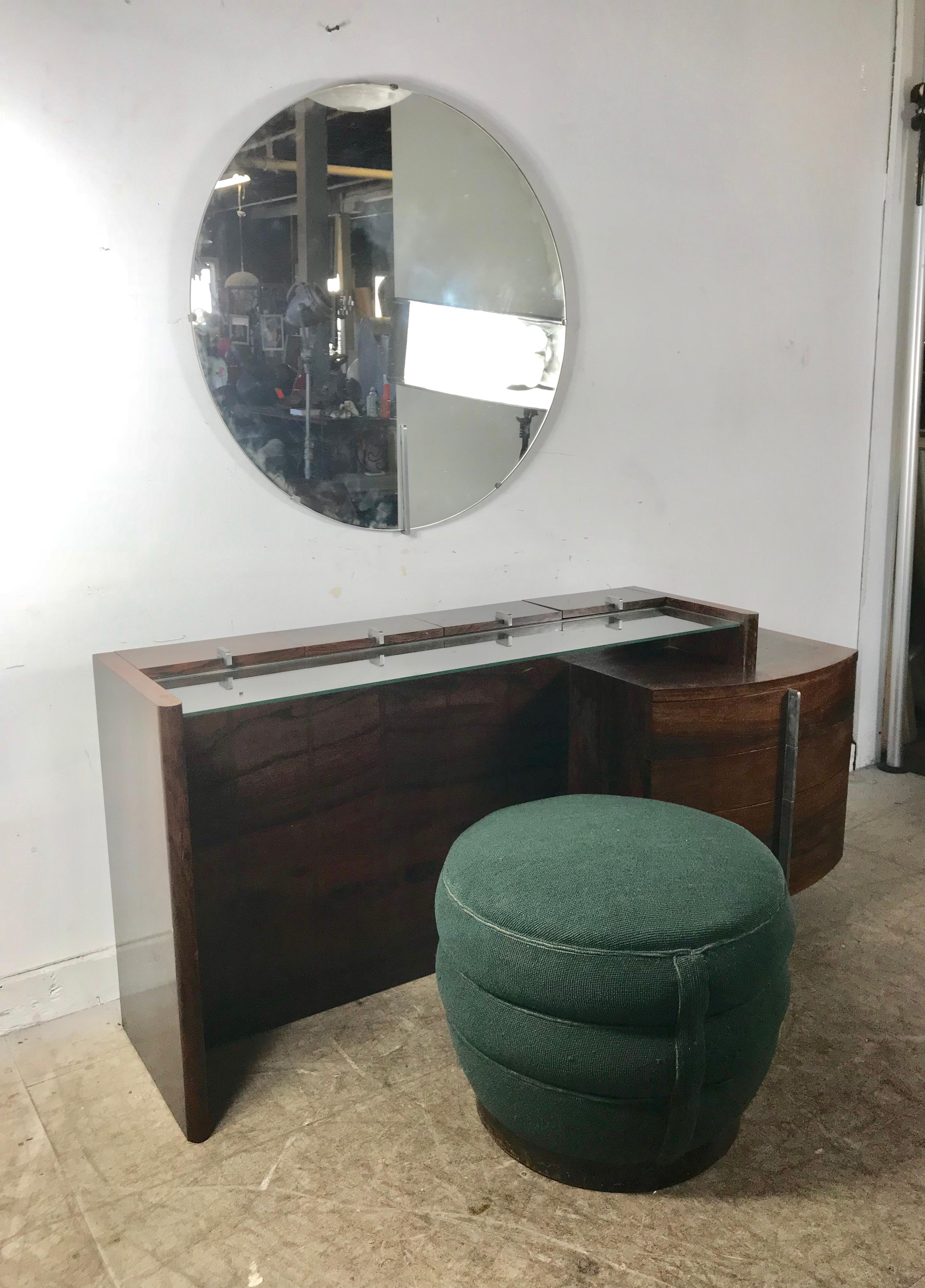 American Stunning Gilbert Rohde Art Deco Rosewood Dressing Table, Poof and Mirror For Sale