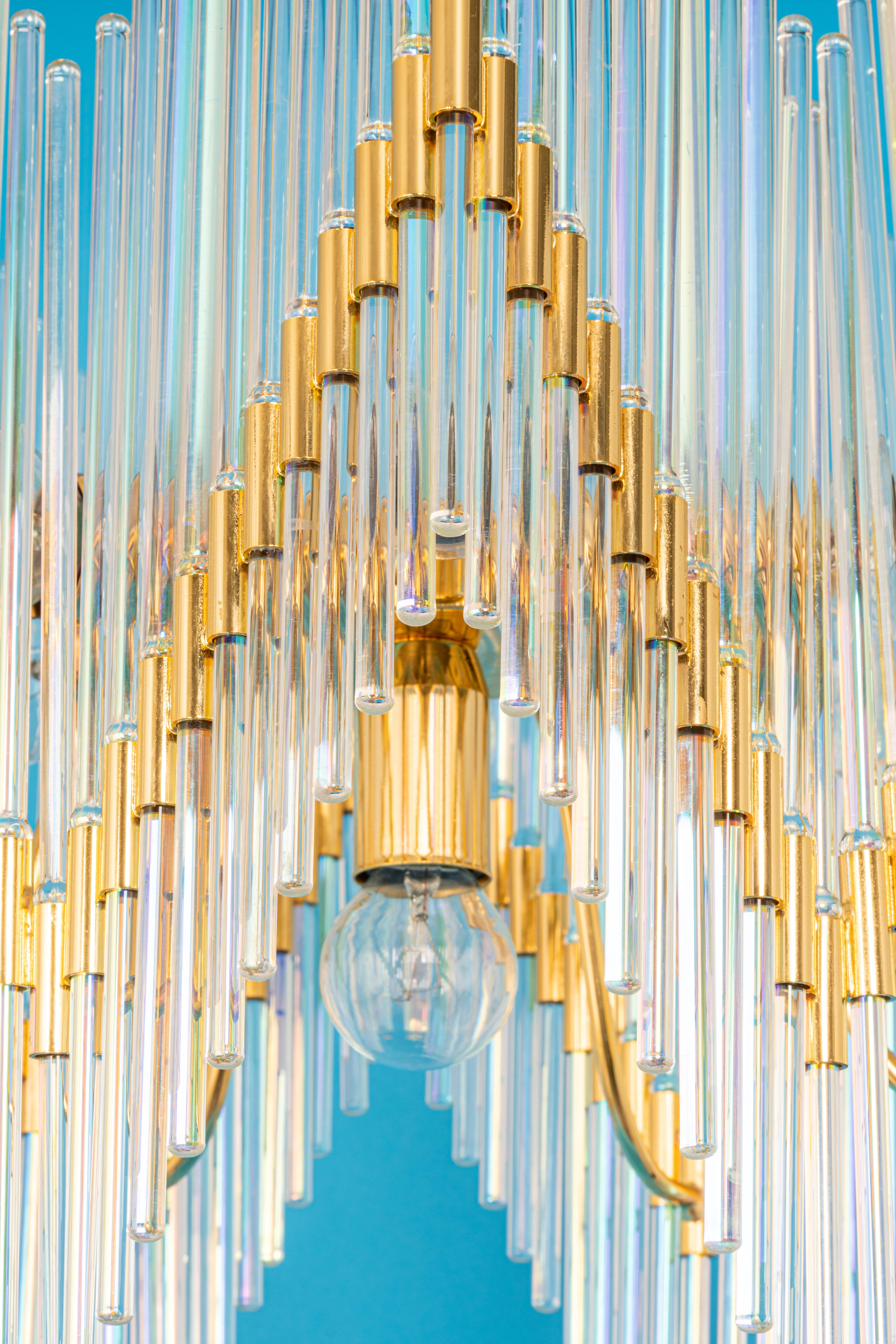 Stunning Gilt Brass and Crystal Glass Rods Chandelier by Palwa, Germany, 1970s For Sale 4