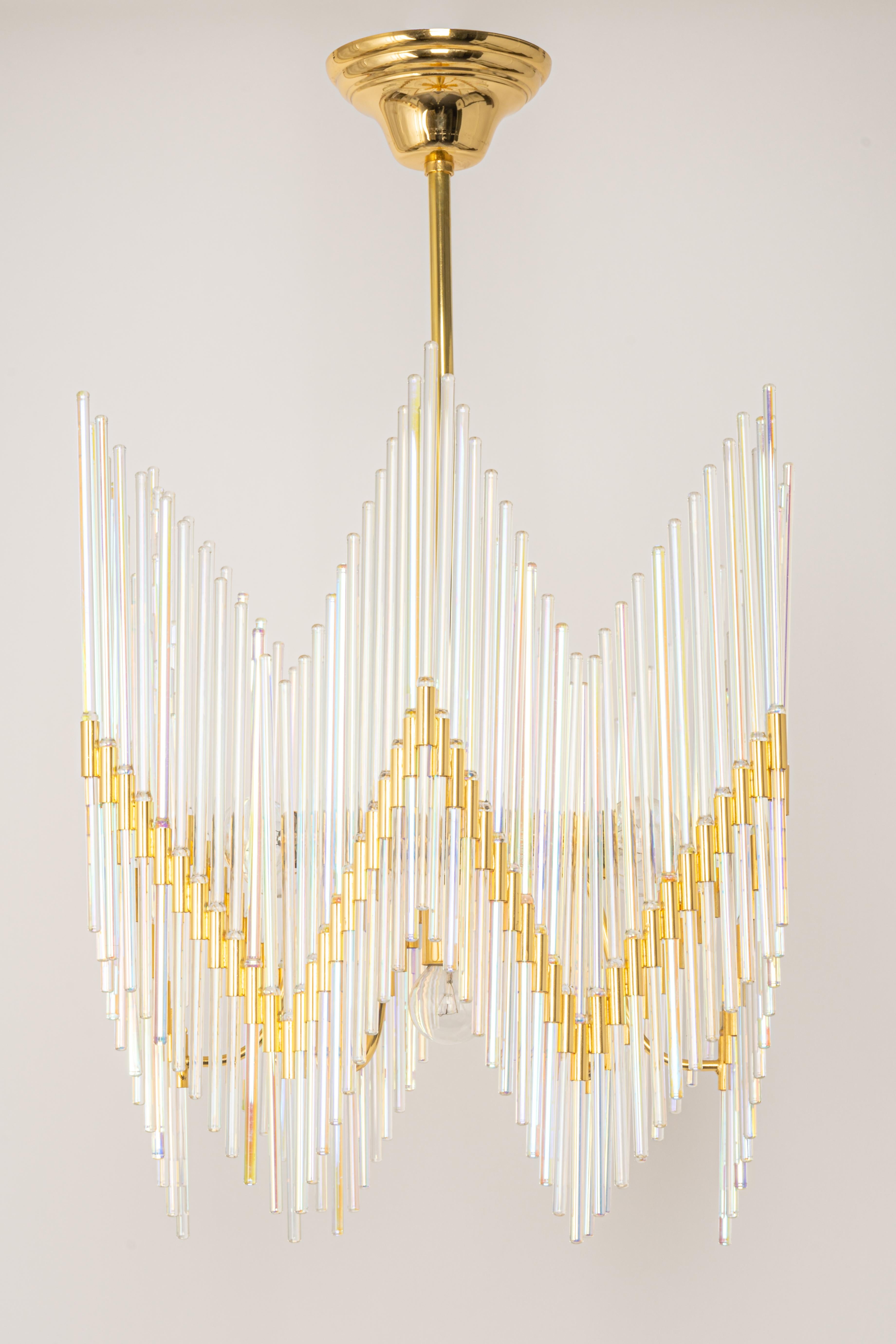 Mid-Century Modern Stunning Gilt Brass and Crystal Glass Rods Chandelier by Palwa, Germany, 1970s For Sale