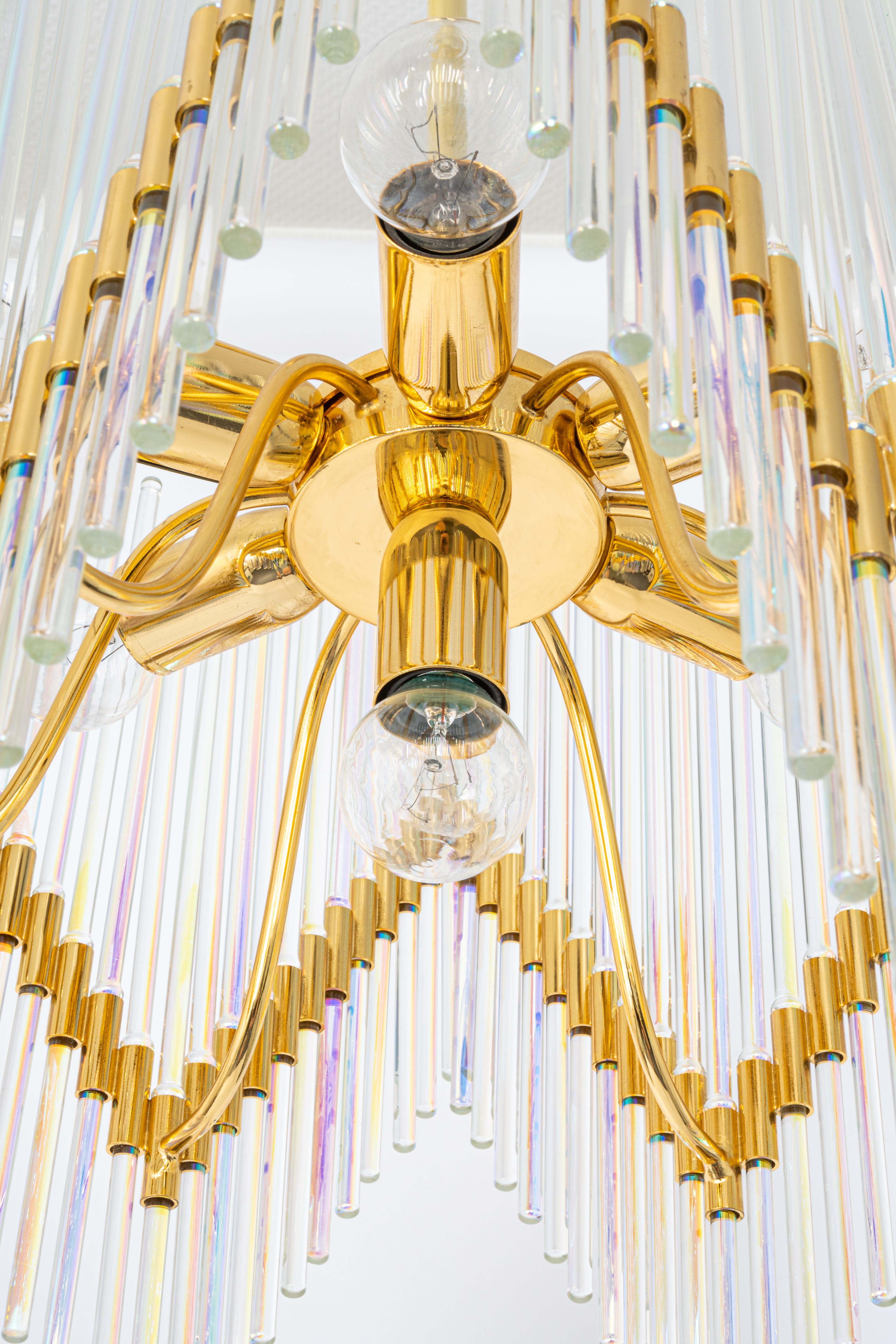Gold Plate Stunning Gilt Brass and Crystal Glass Rods Chandelier by Palwa, Germany, 1970s For Sale