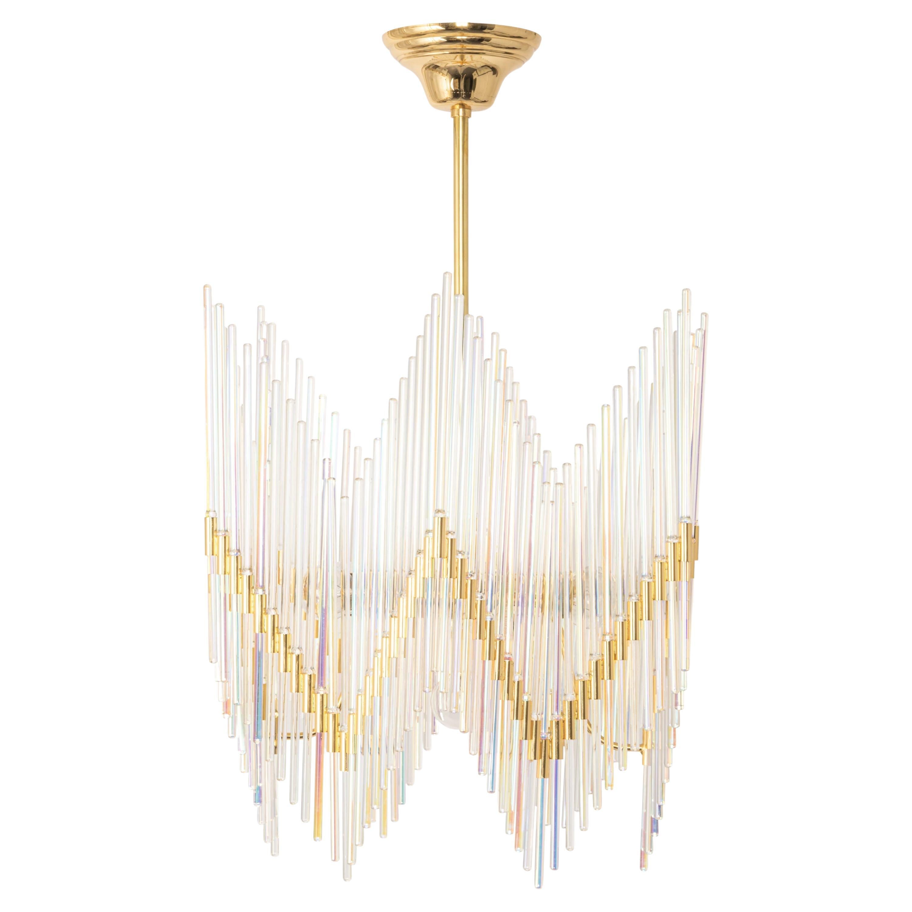 Stunning Gilt Brass and Crystal Glass Rods Chandelier by Palwa, Germany, 1970s For Sale