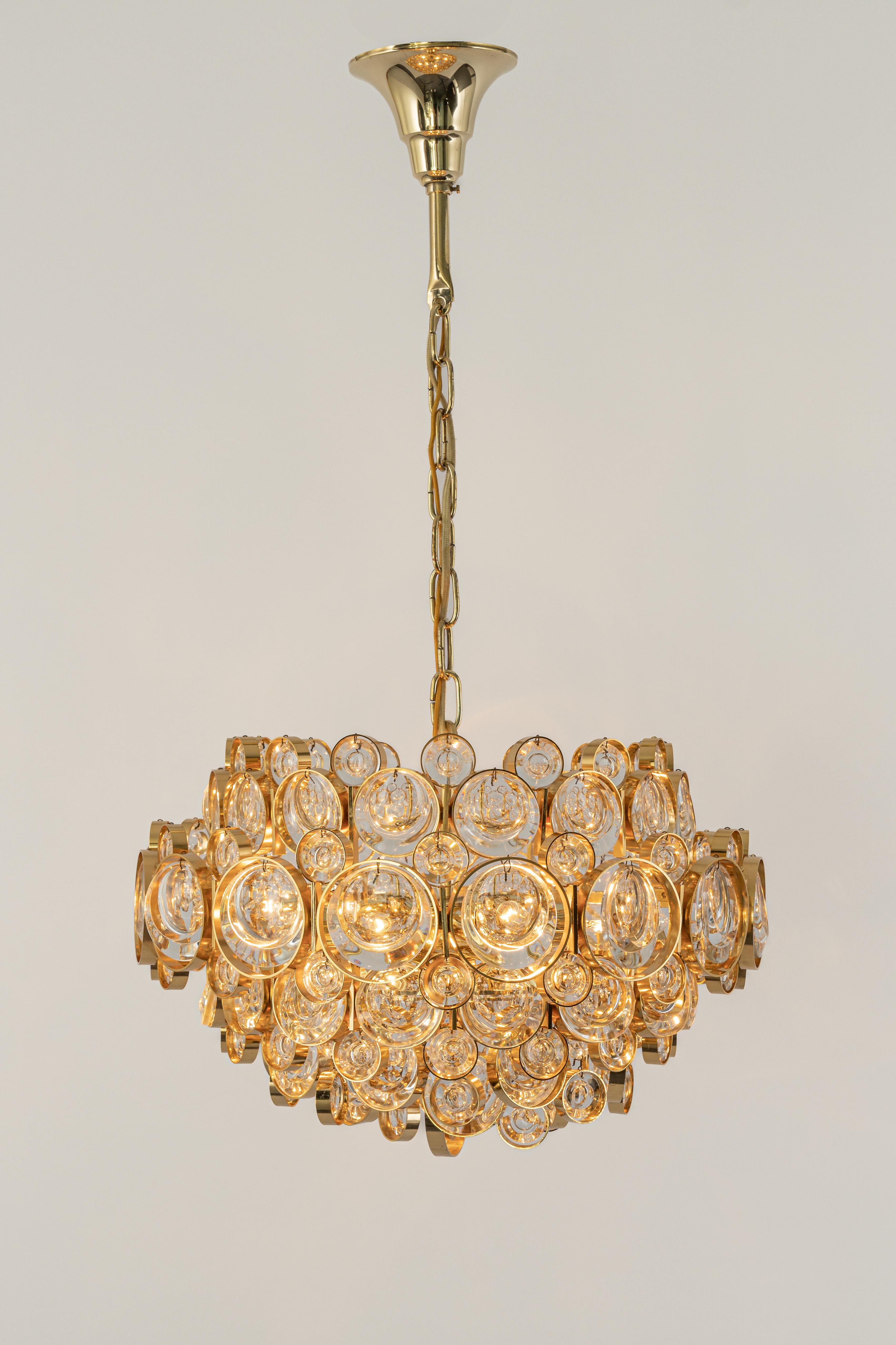 Gold Plate Stunning Gilt Brass Chandelier, Sciolari Design Style by Palwa, Germany, 1970s For Sale