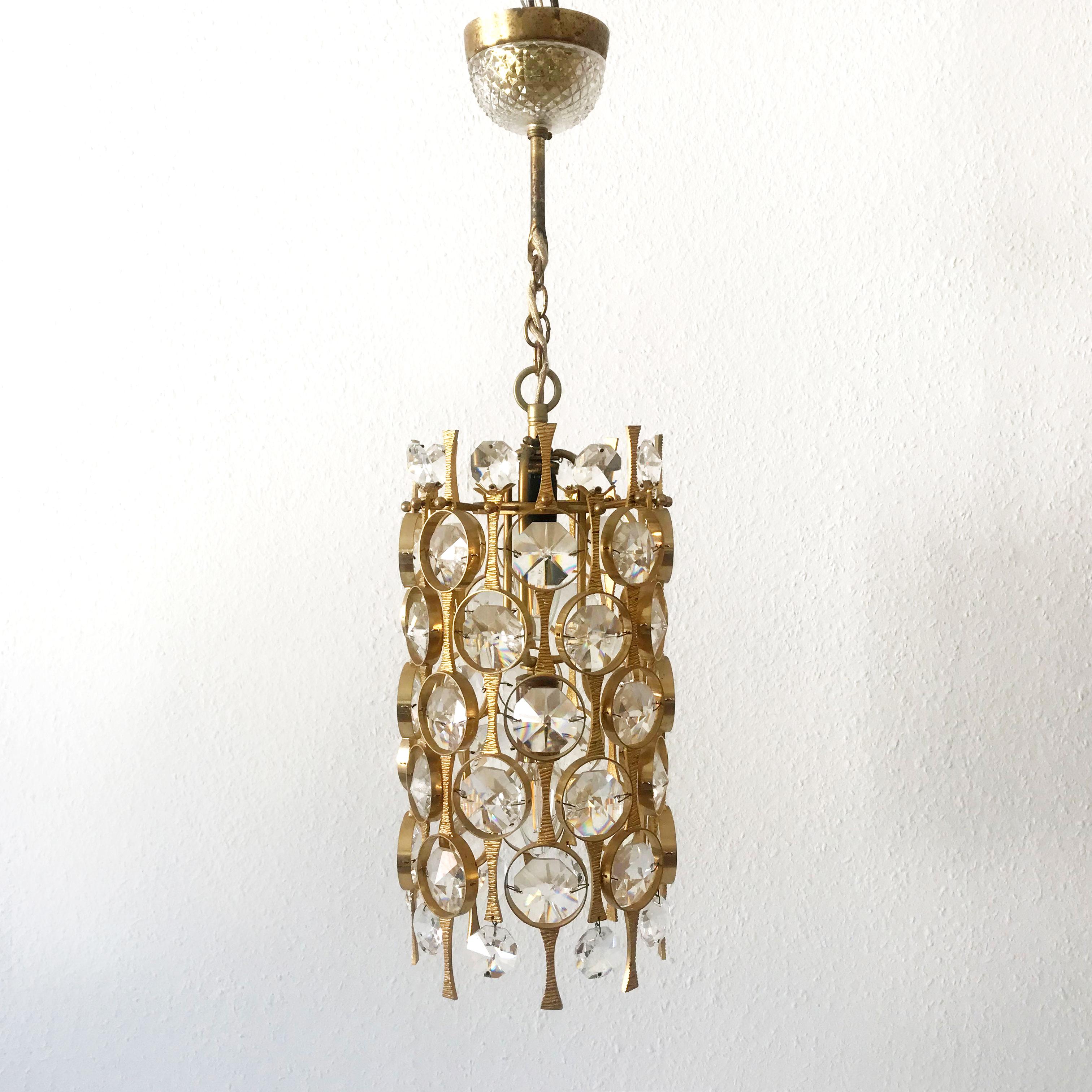 Mid-Century Modern Stunning Gilt Brass Facet Cut Crystal Glass Chandelier by Palwa, 1960s, Germany