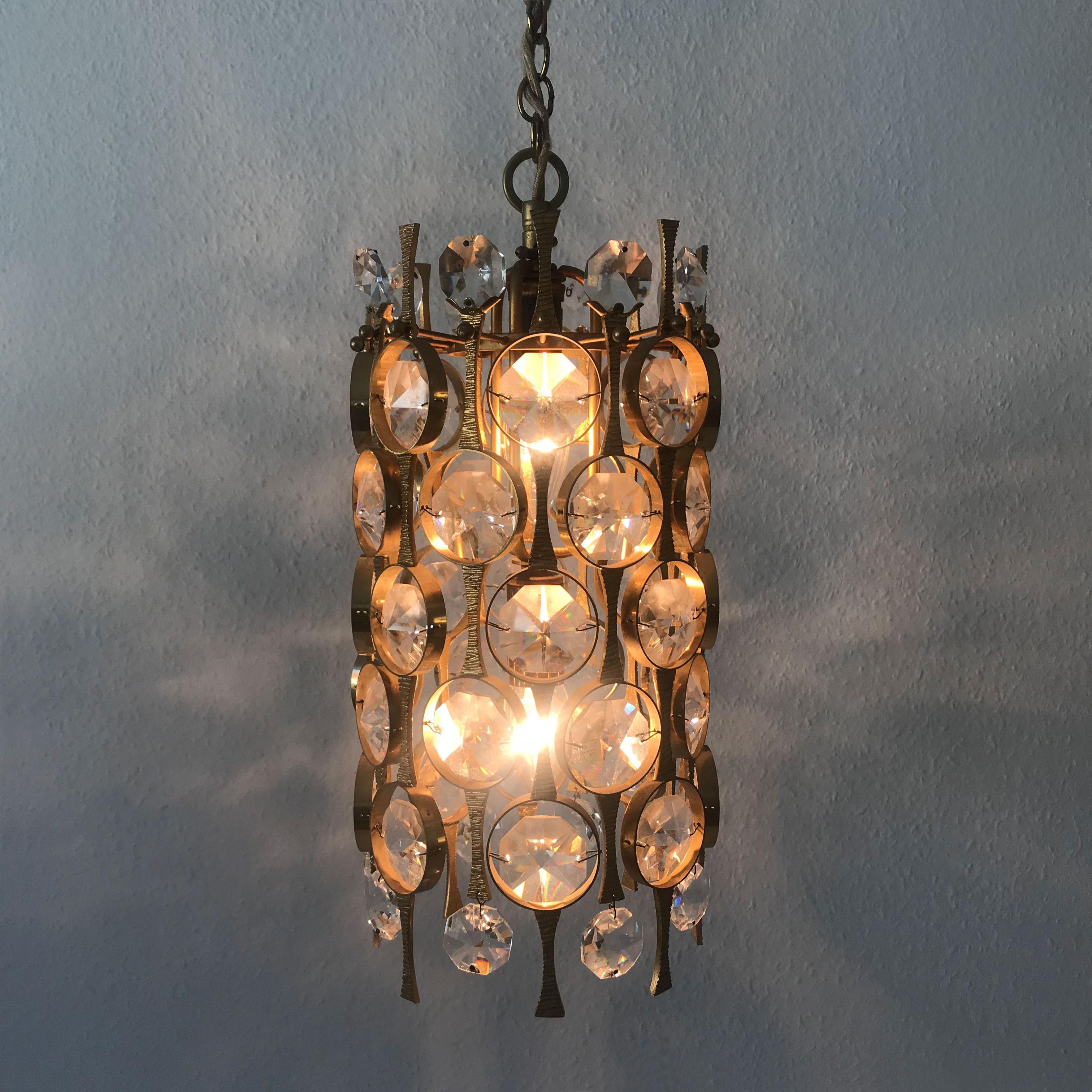 Mid-20th Century Stunning Gilt Brass Facet Cut Crystal Glass Chandelier by Palwa, 1960s, Germany