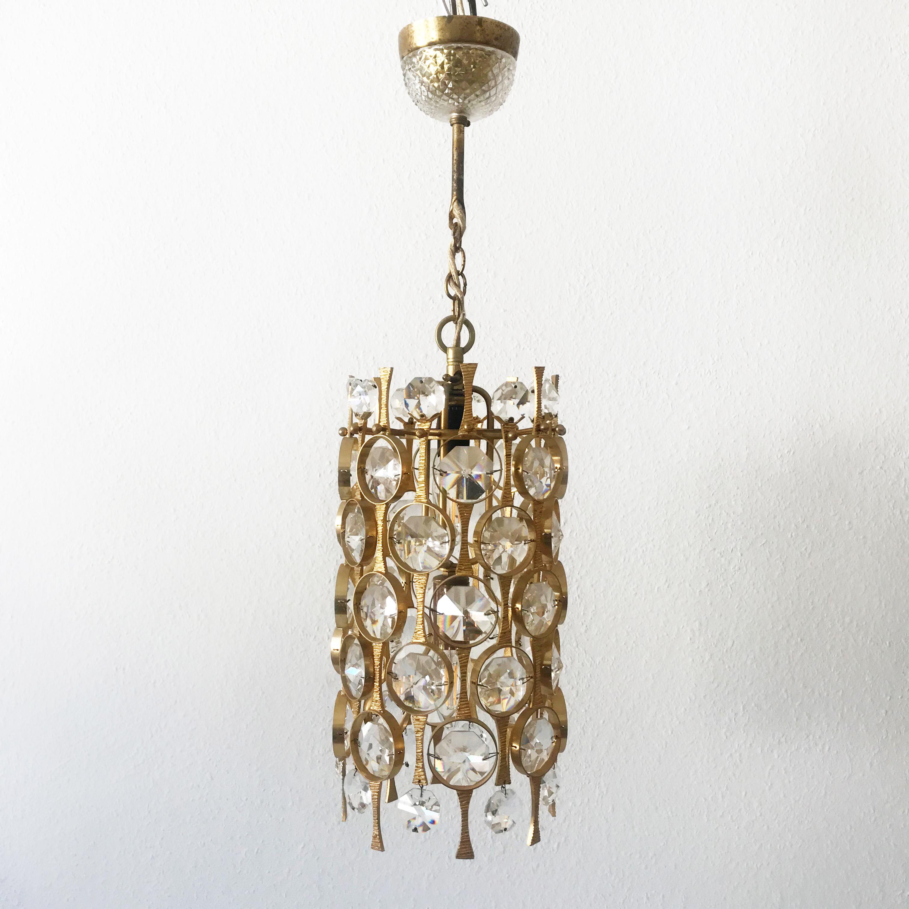 Stunning Gilt Brass Facet Cut Crystal Glass Chandelier by Palwa, 1960s, Germany 1