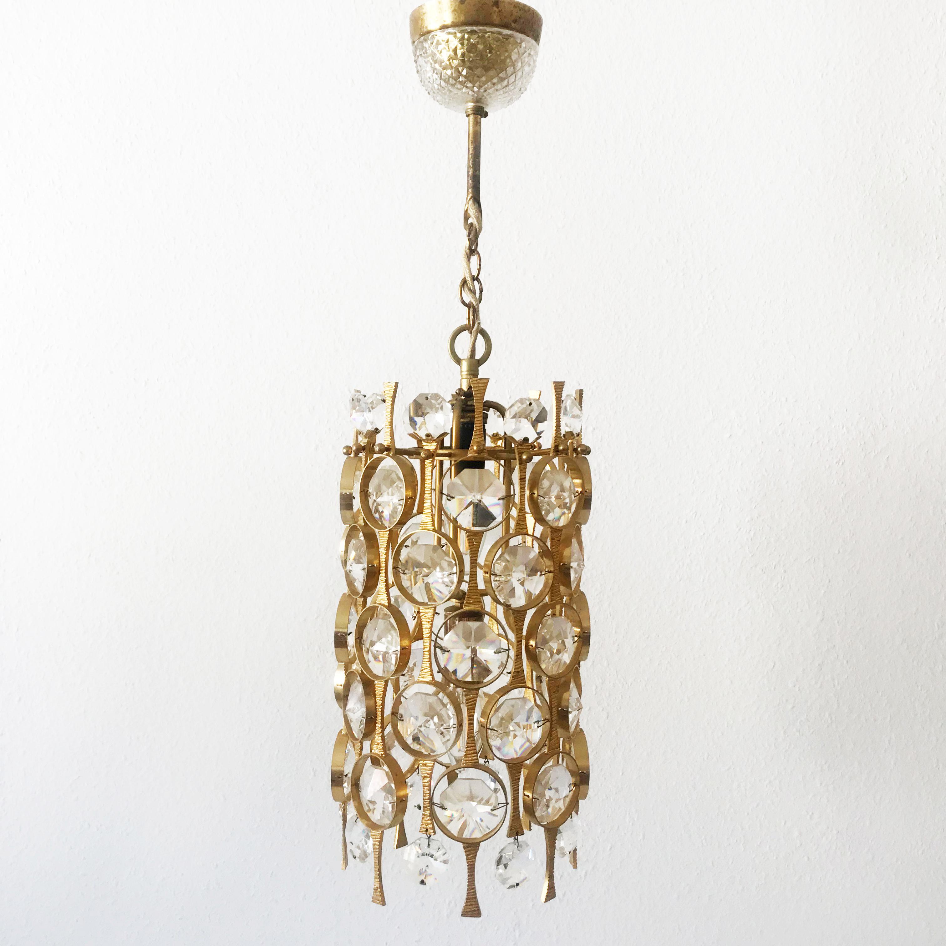 Stunning Gilt Brass Facet Cut Crystal Glass Chandelier by Palwa, 1960s, Germany 2