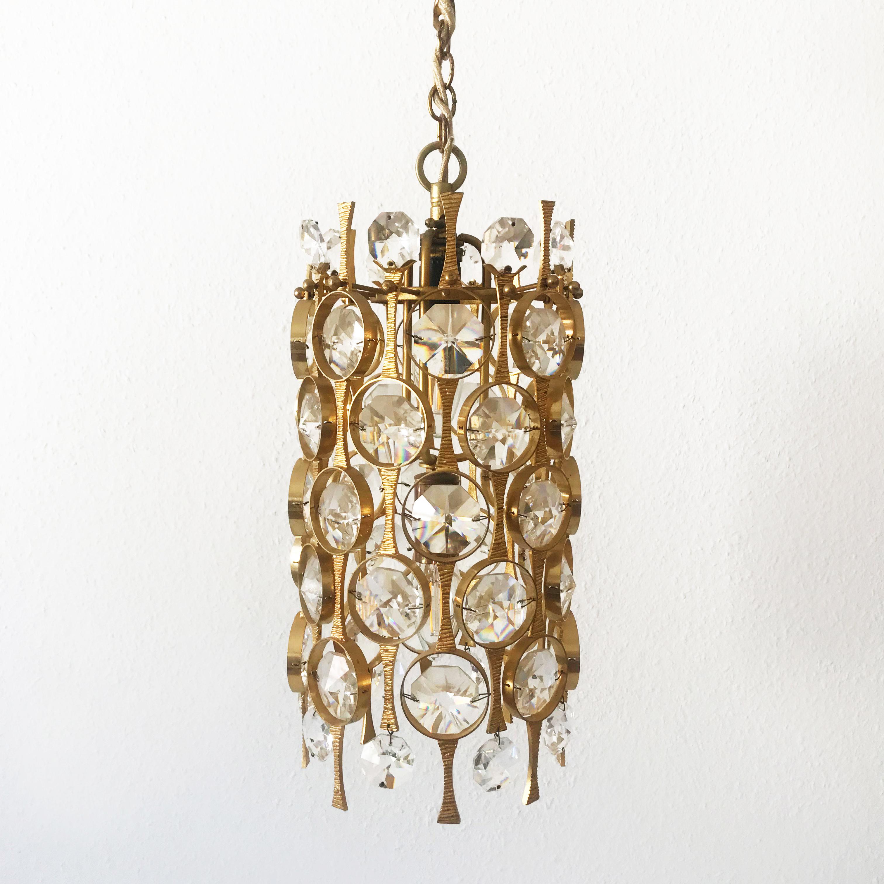 Stunning Gilt Brass Facet Cut Crystal Glass Chandelier by Palwa, 1960s, Germany 3