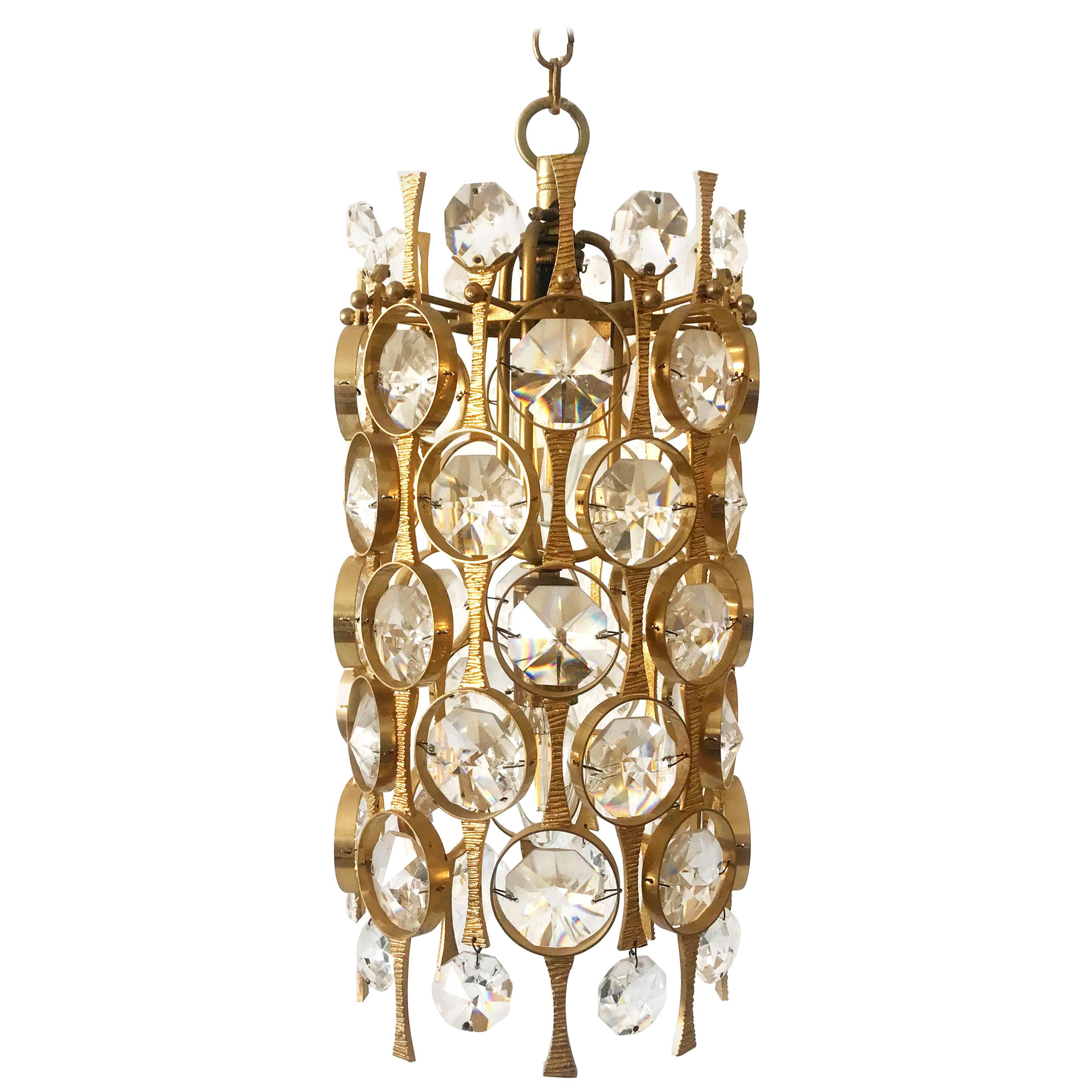 Stunning Gilt Brass Facet Cut Crystal Glass Chandelier by Palwa, 1960s, Germany