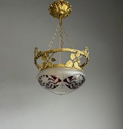 Impresionante Araña de Bronce Dorado, Diseño Floral Artesanal, Europea, Década de 1910