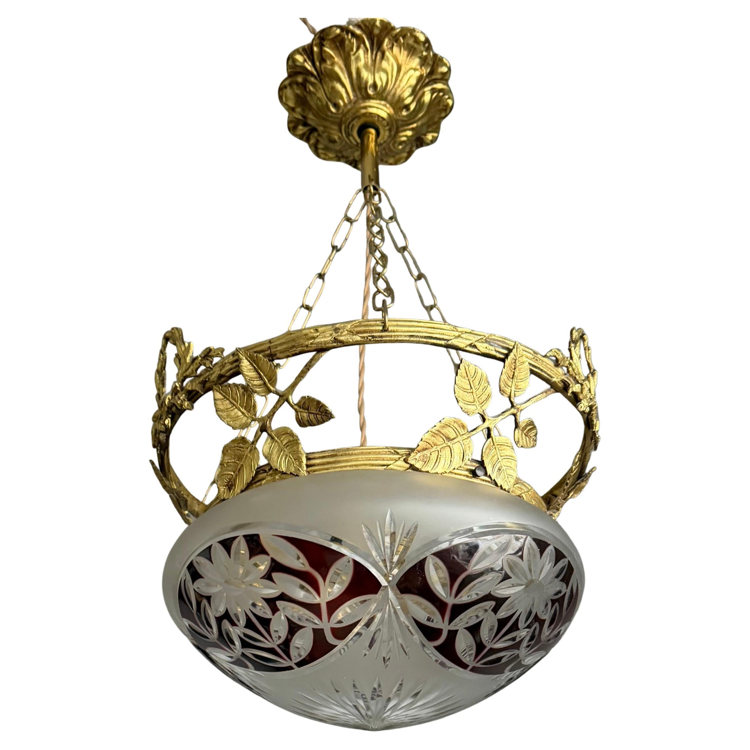 Stunning Gilt Bronze Chandelier, Handcrafted Floral Design, European, 1910s For Sale