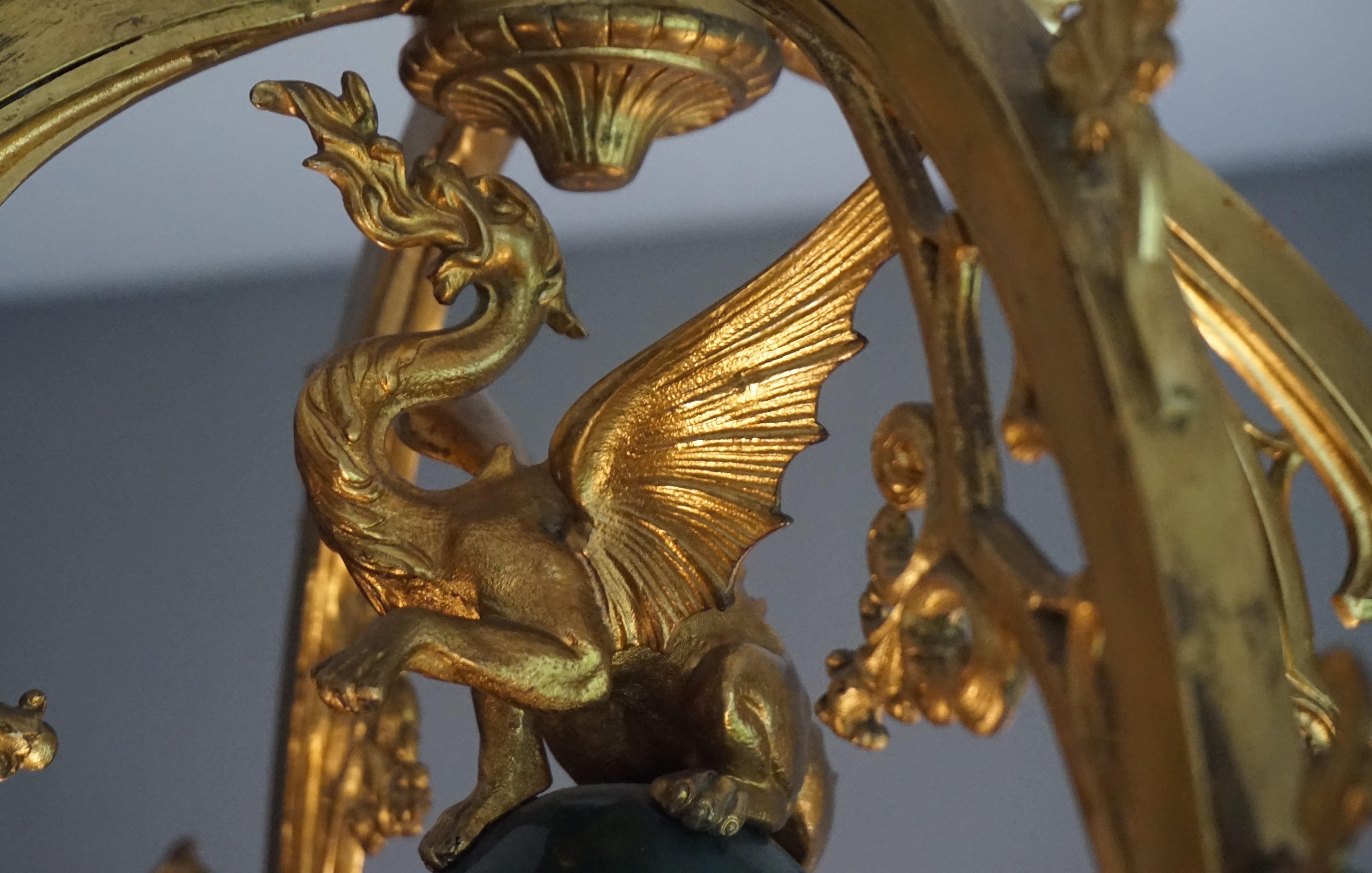 Stunning Gilt Bronze Gothic Revival Chandelier w. Dragon Sculpture & Glass Shade For Sale 2