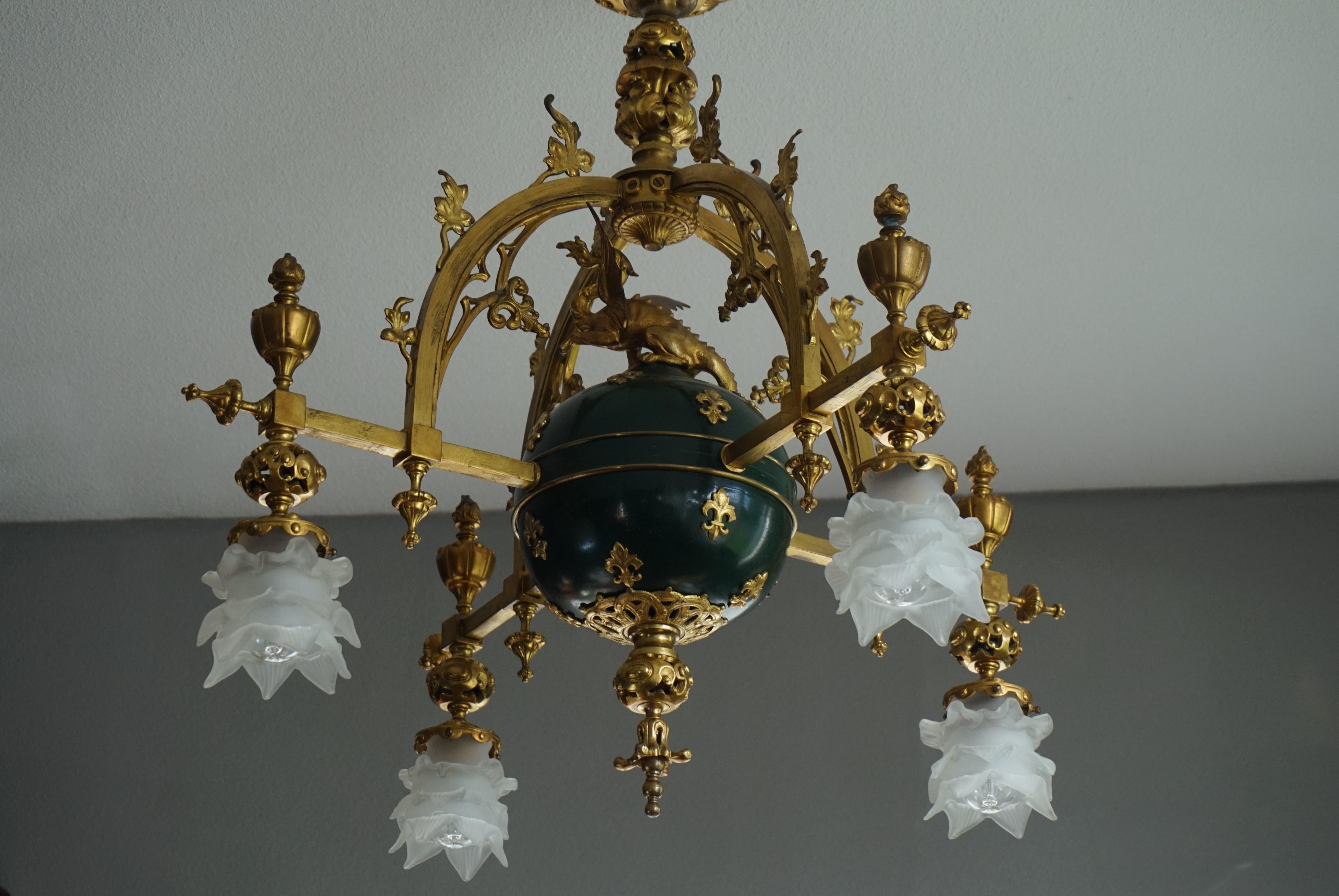 Stunning Gilt Bronze Gothic Revival Chandelier w. Dragon Sculpture & Glass Shade For Sale 3