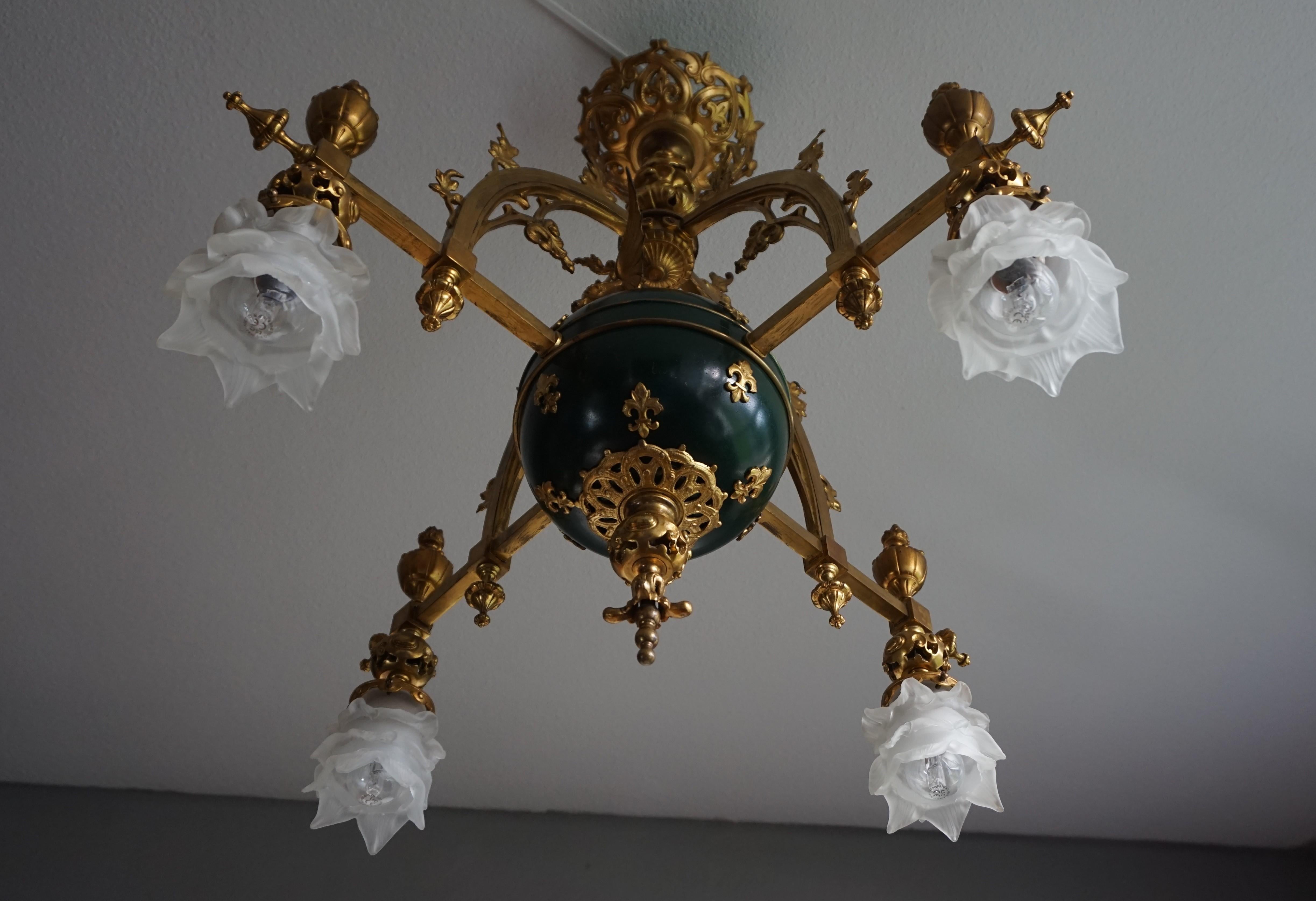 Stunning Gilt Bronze Gothic Revival Chandelier w. Dragon Sculpture & Glass Shade For Sale 5