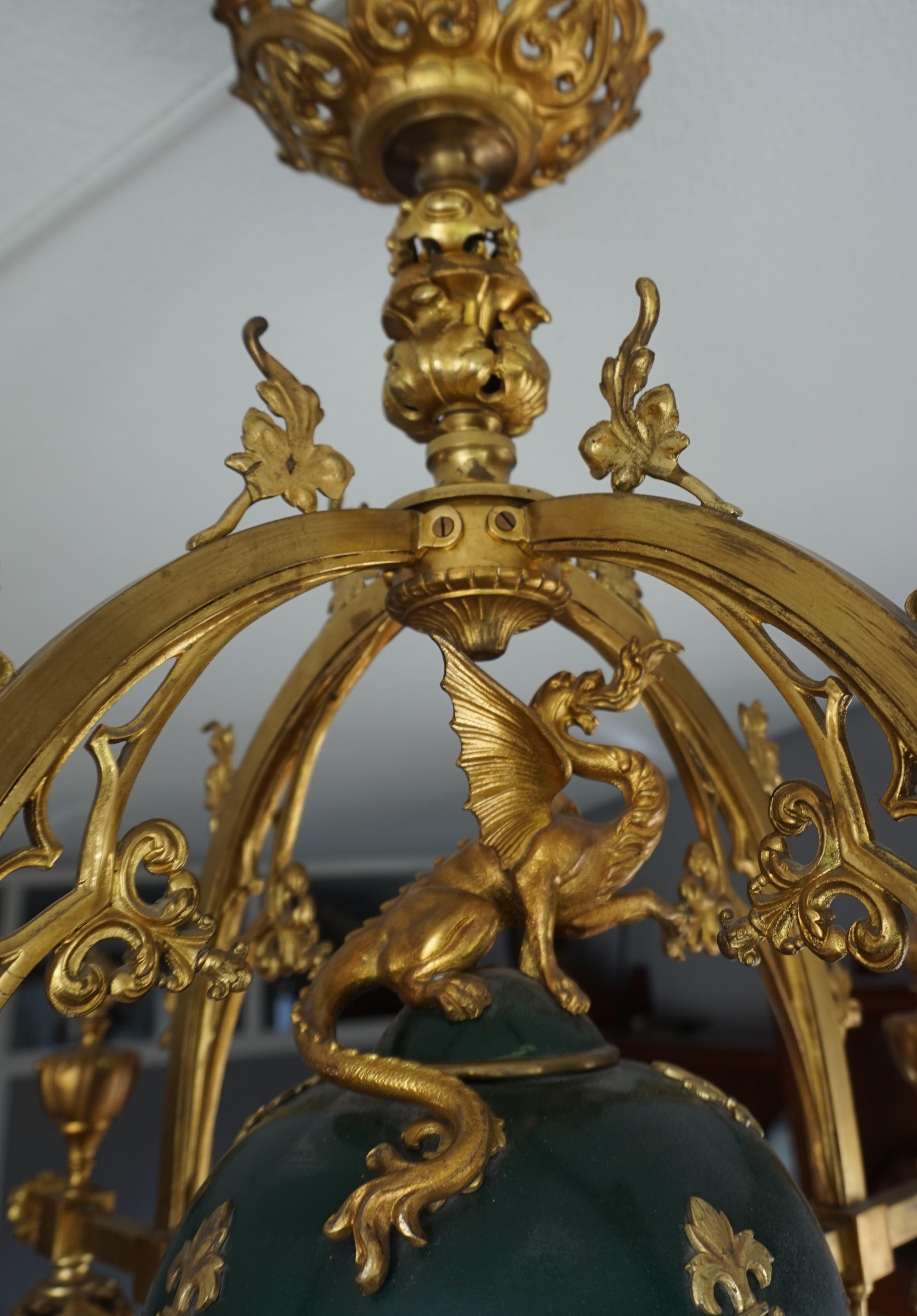 Stunning Gilt Bronze Gothic Revival Chandelier w. Dragon Sculpture & Glass Shade For Sale 6