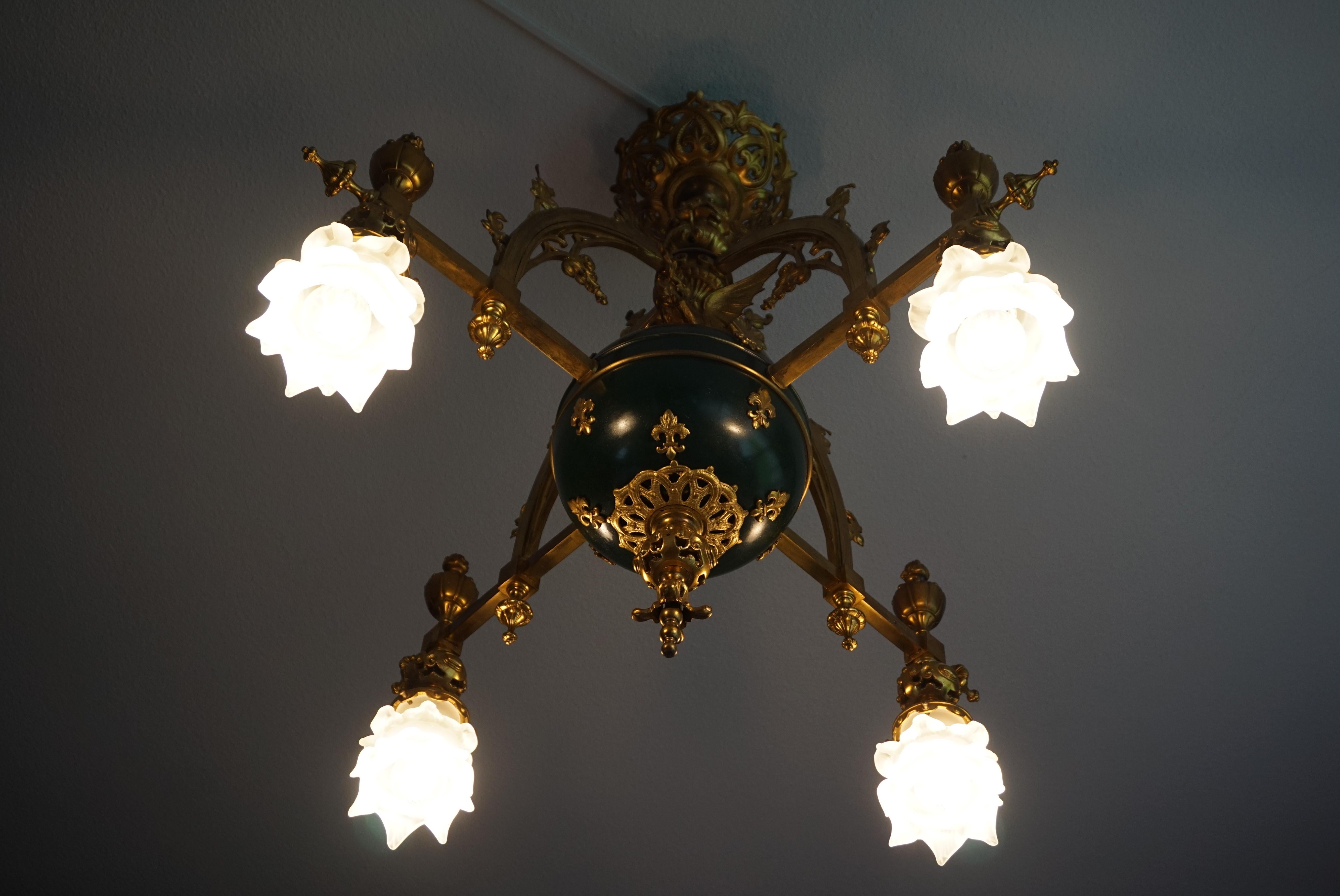 Stunning Gilt Bronze Gothic Revival Chandelier w. Dragon Sculpture & Glass Shade For Sale 7
