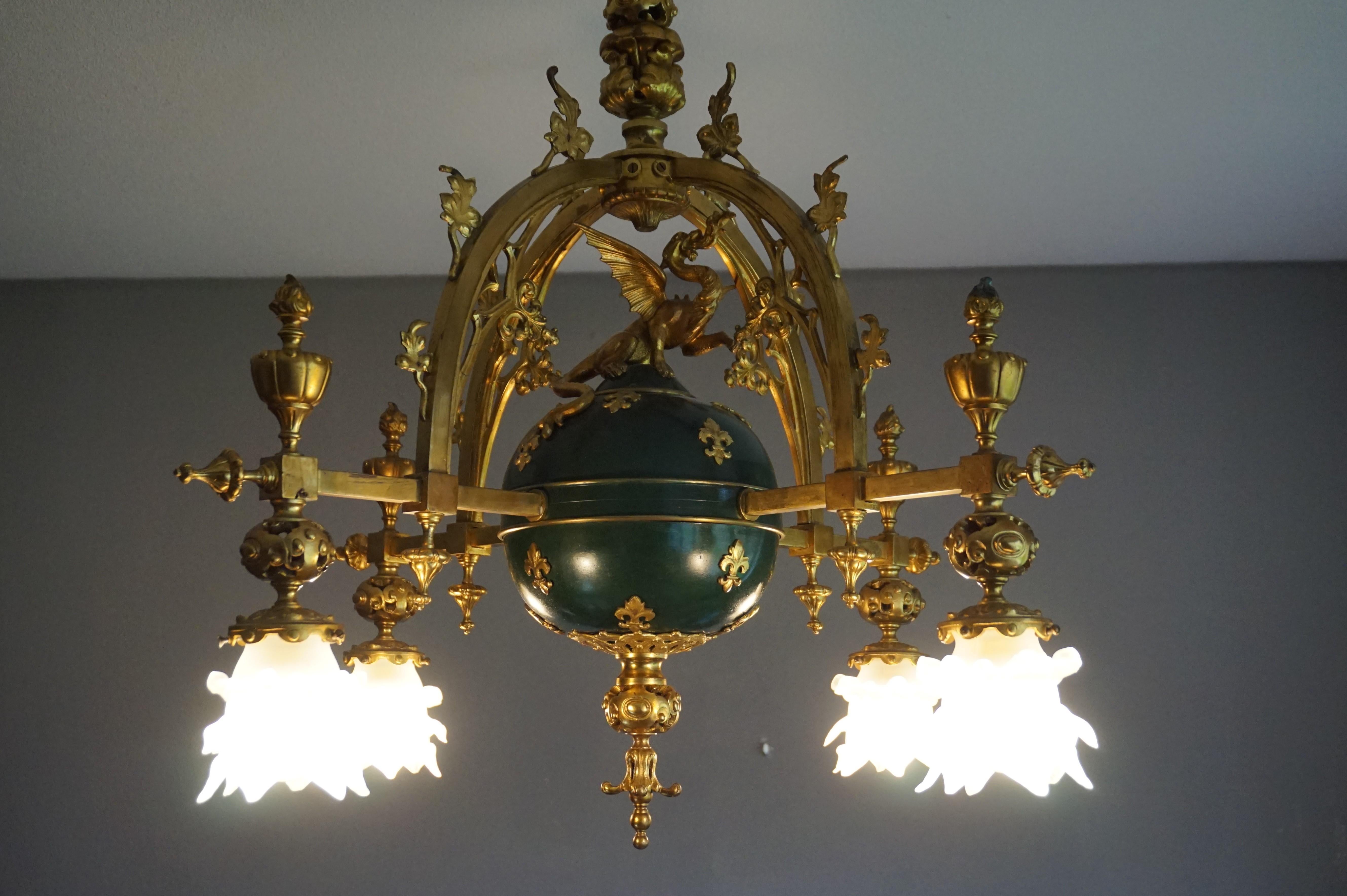 Stunning Gilt Bronze Gothic Revival Chandelier w. Dragon Sculpture & Glass Shade For Sale 8
