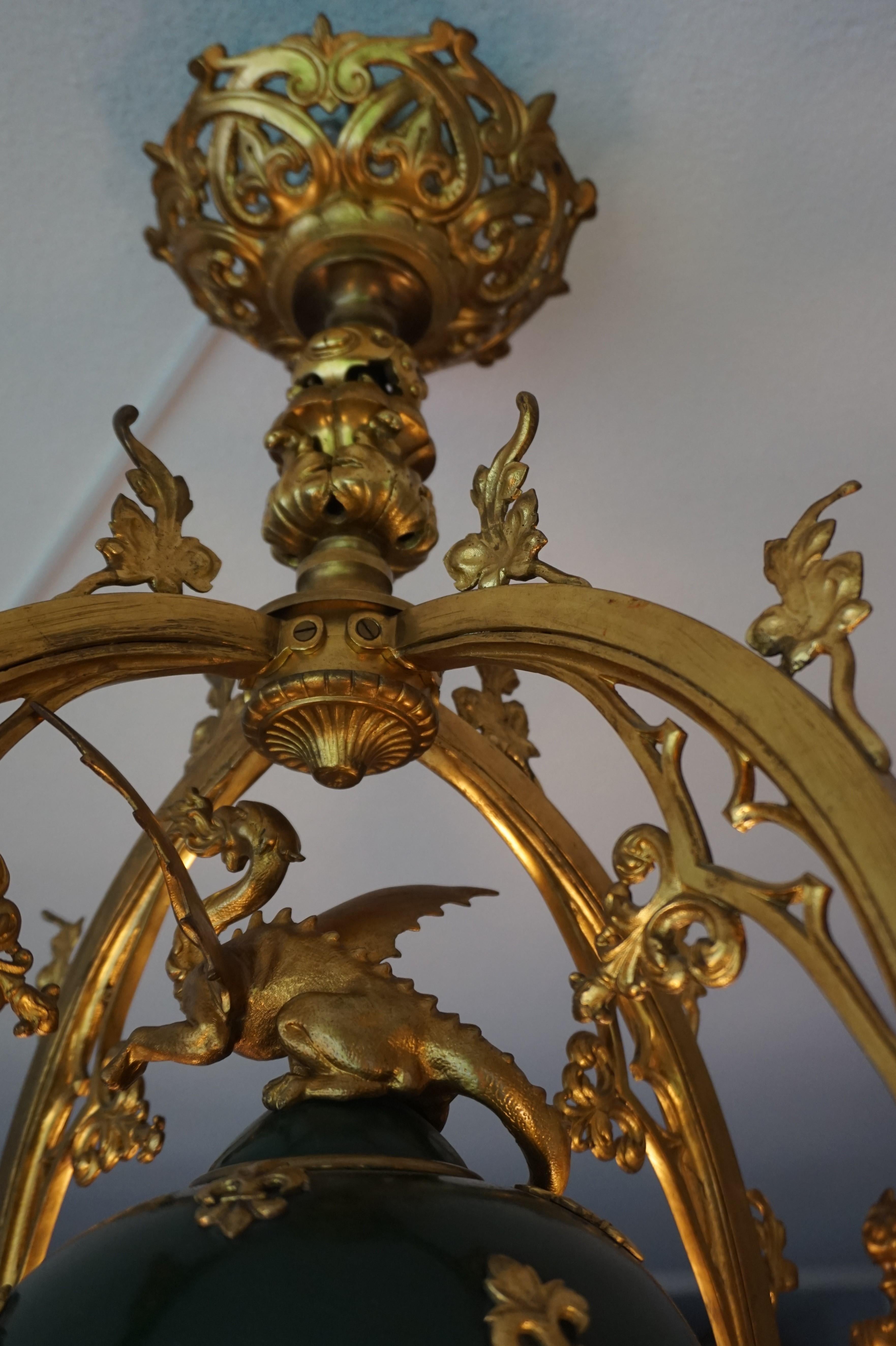 Stunning Gilt Bronze Gothic Revival Chandelier w. Dragon Sculpture & Glass Shade For Sale 9