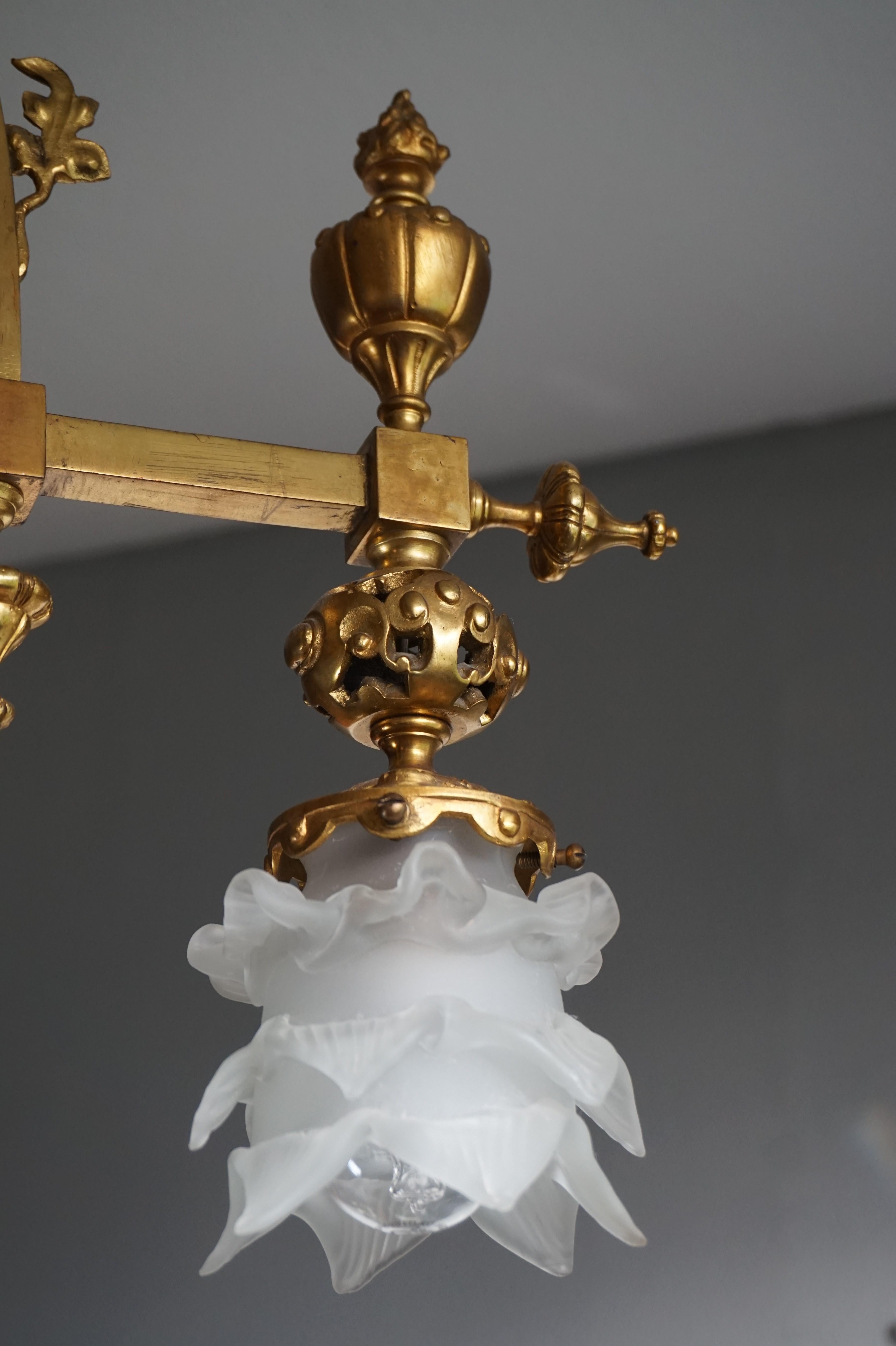 Stunning Gilt Bronze Gothic Revival Chandelier w. Dragon Sculpture & Glass Shade In Good Condition For Sale In Lisse, NL