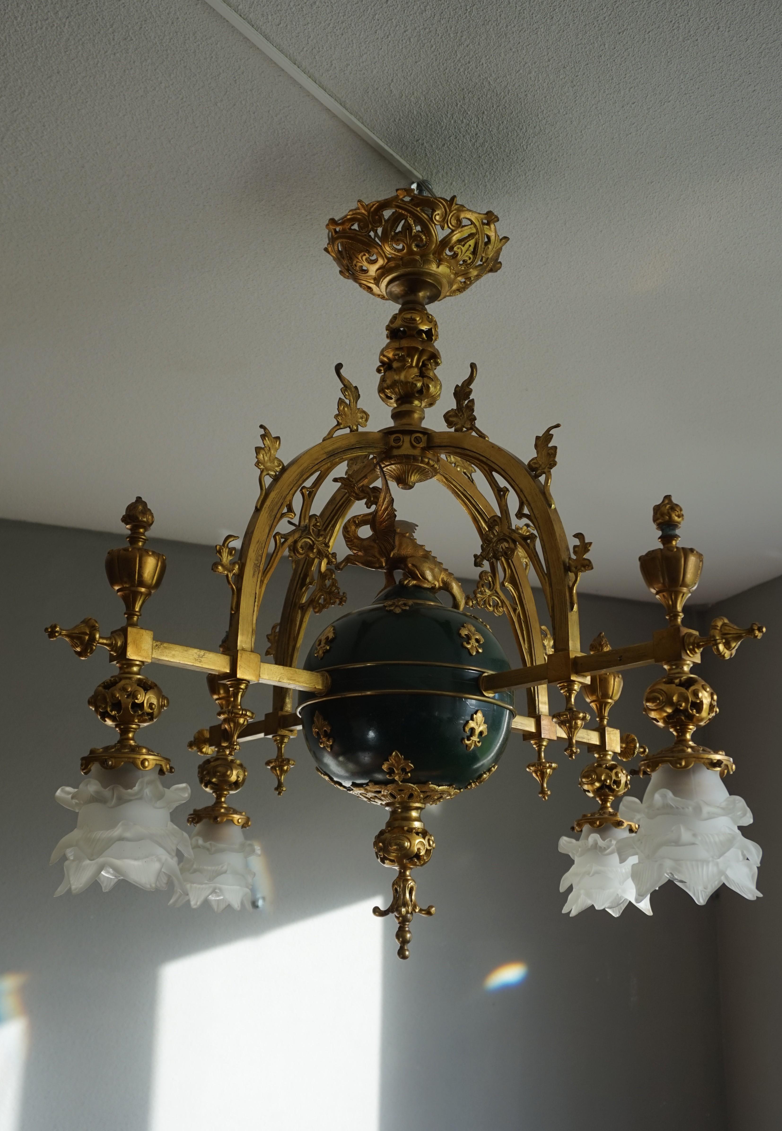 Brass Stunning Gilt Bronze Gothic Revival Chandelier w. Dragon Sculpture & Glass Shade For Sale