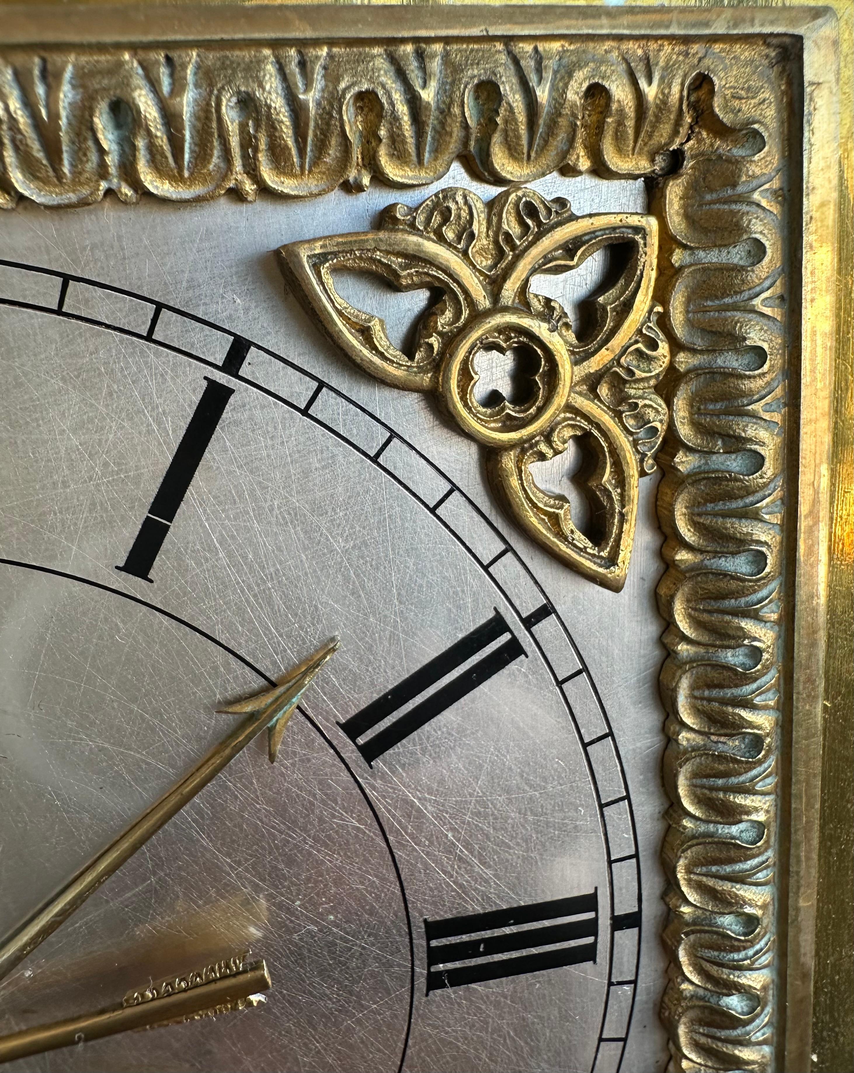 Brass Gilt Bronze Gothic Revival Table Clock w. Earth Angel Sculpture by Devaulx Paris For Sale