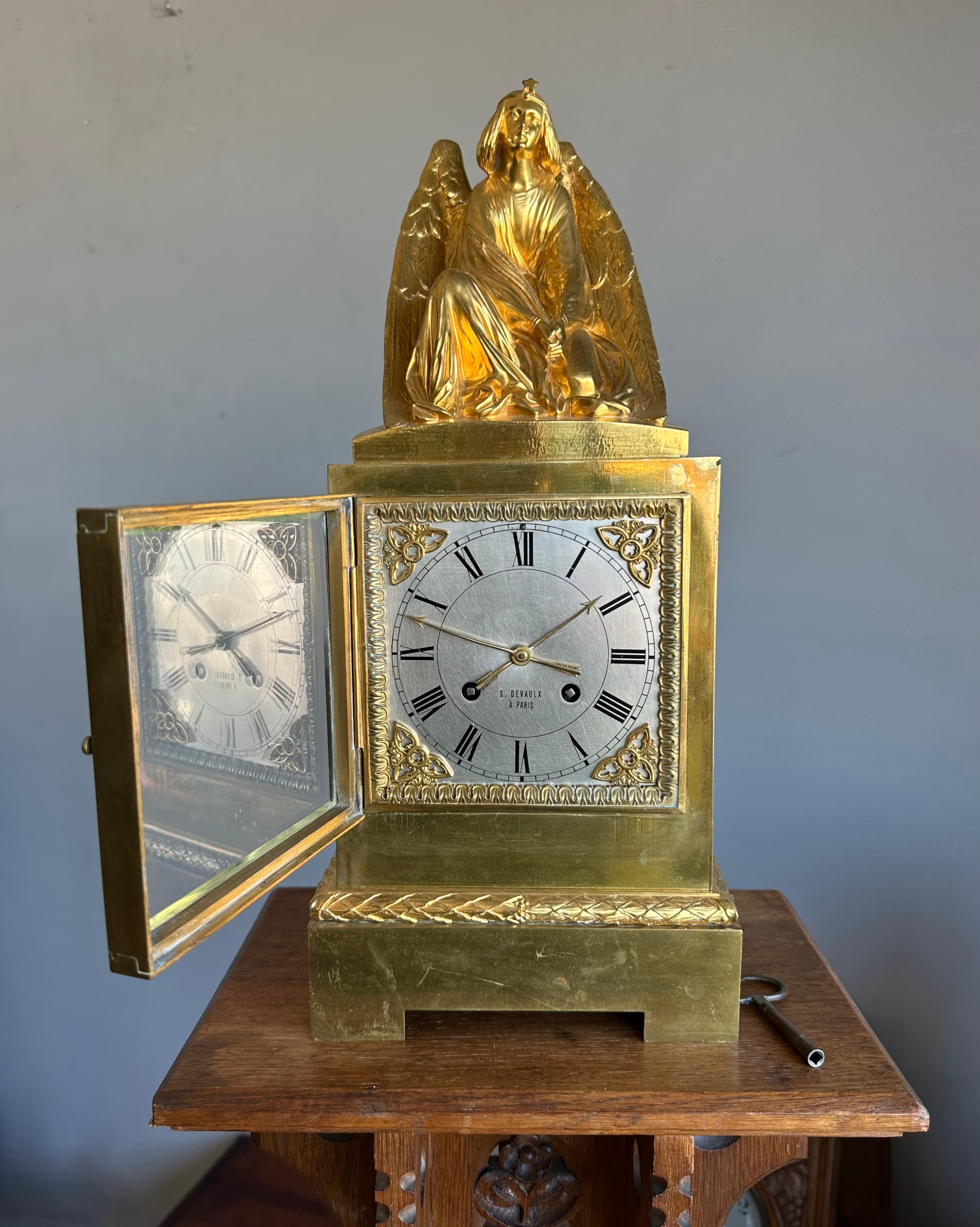 Gilt Bronze Gothic Revival Table Clock w. Earth Angel Sculpture by Devaulx Paris For Sale 7