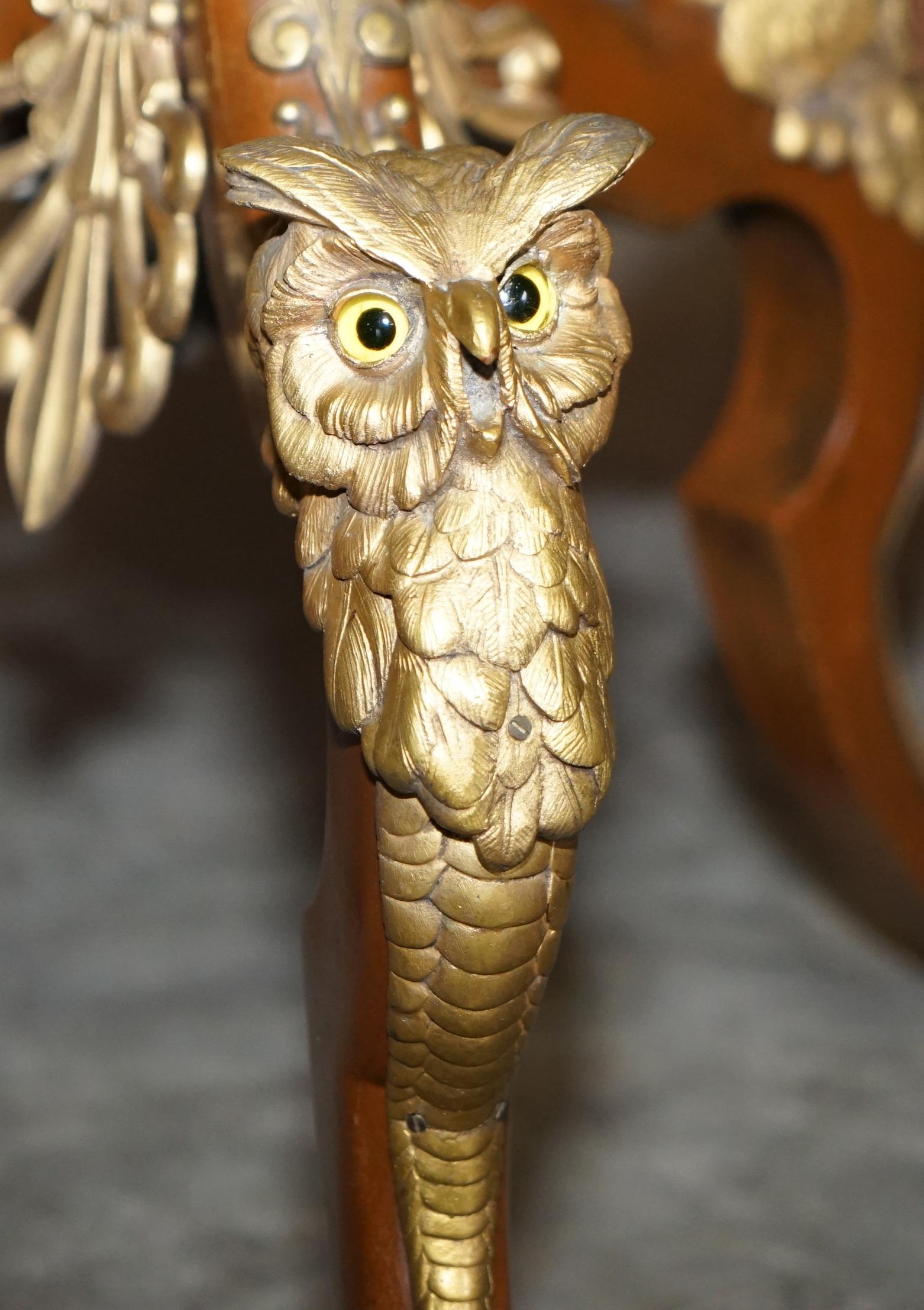 Stunning Gilt Bronze Owl Mounted Side End Lamp Table Claw & Ball Feet Glass Eyes 5