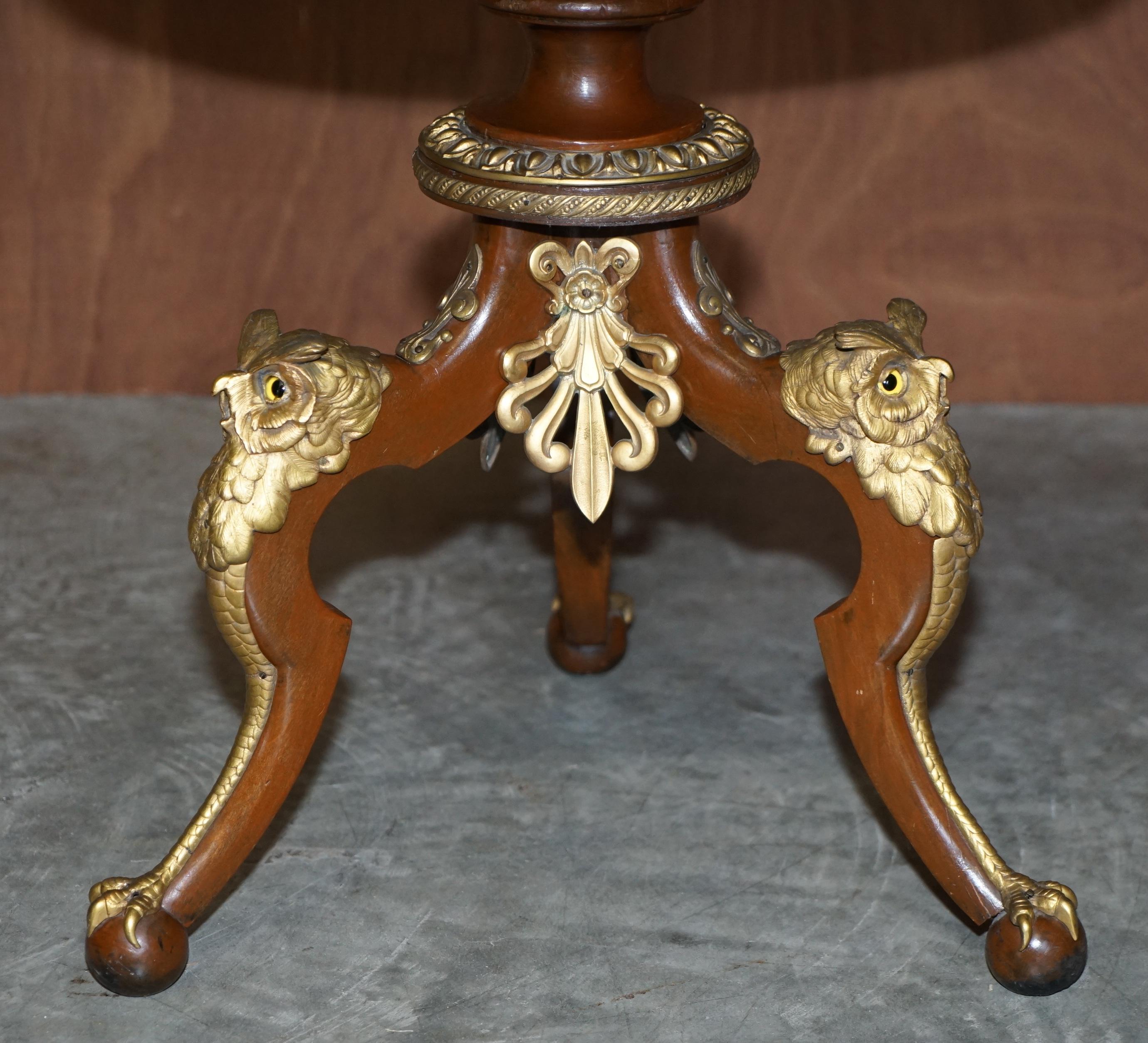 Victorian Stunning Gilt Bronze Owl Mounted Side End Lamp Table Claw & Ball Feet Glass Eyes