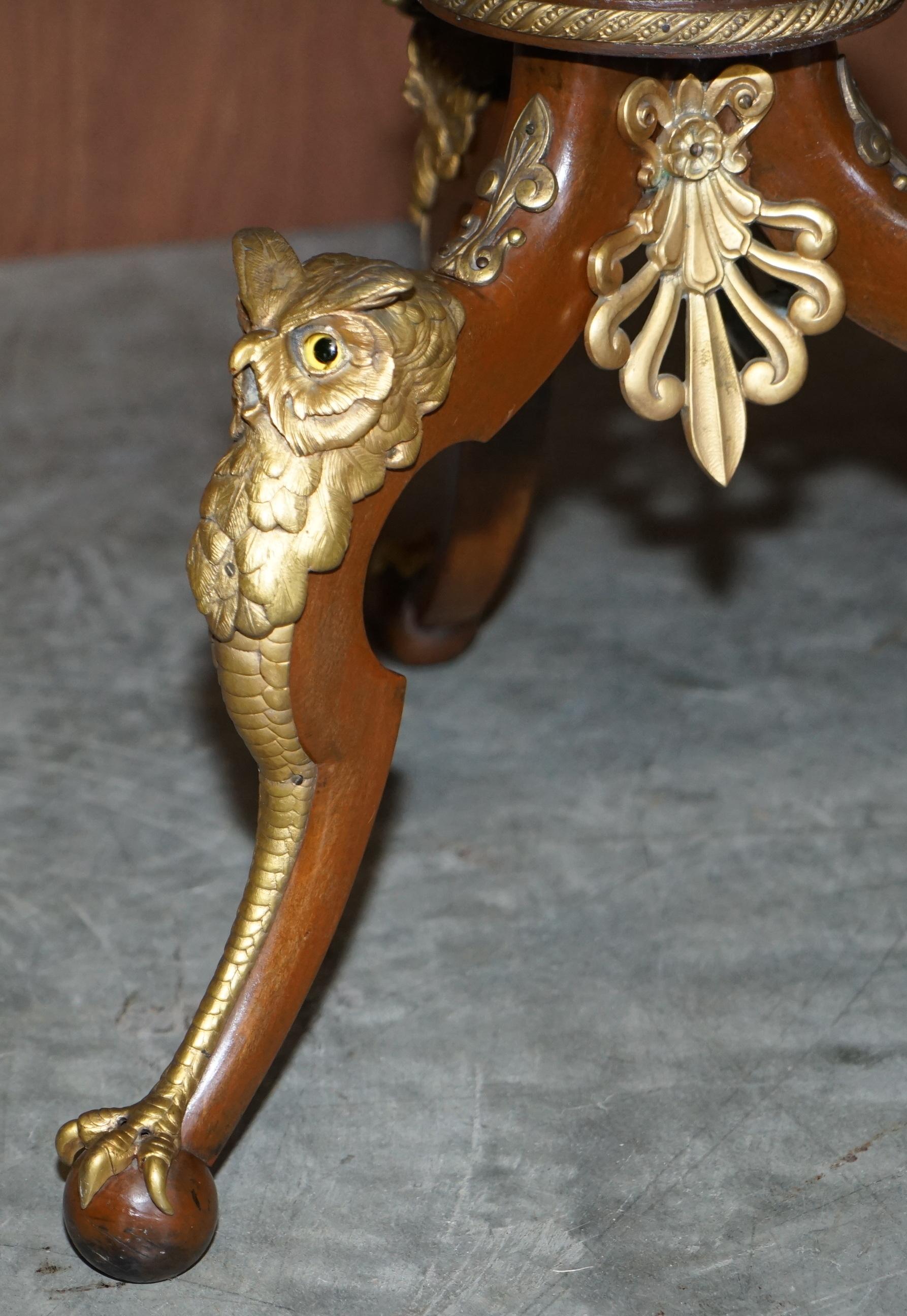 English Stunning Gilt Bronze Owl Mounted Side End Lamp Table Claw & Ball Feet Glass Eyes