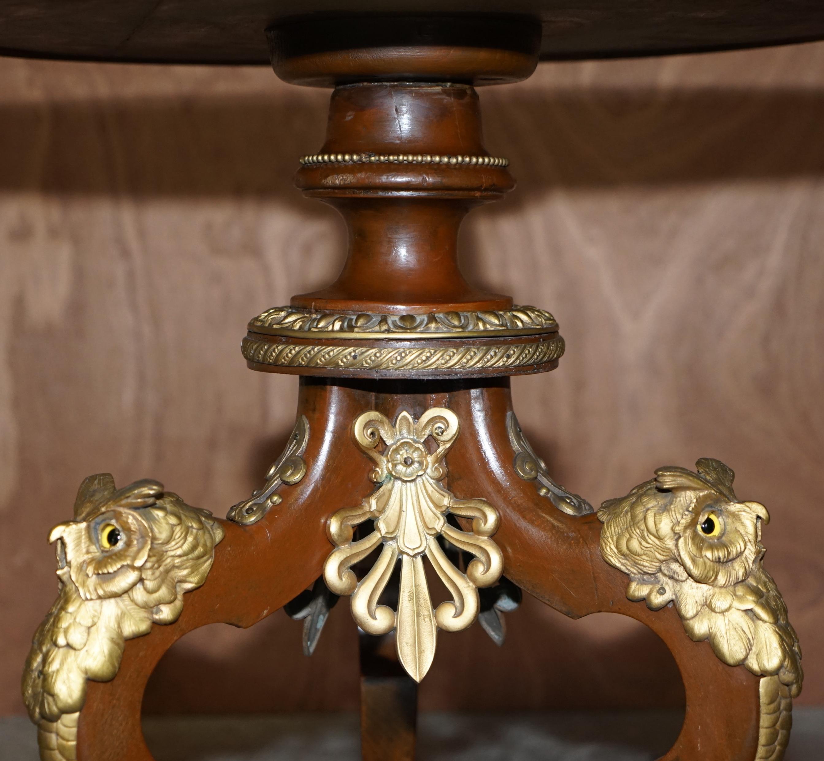 Hand-Crafted Stunning Gilt Bronze Owl Mounted Side End Lamp Table Claw & Ball Feet Glass Eyes