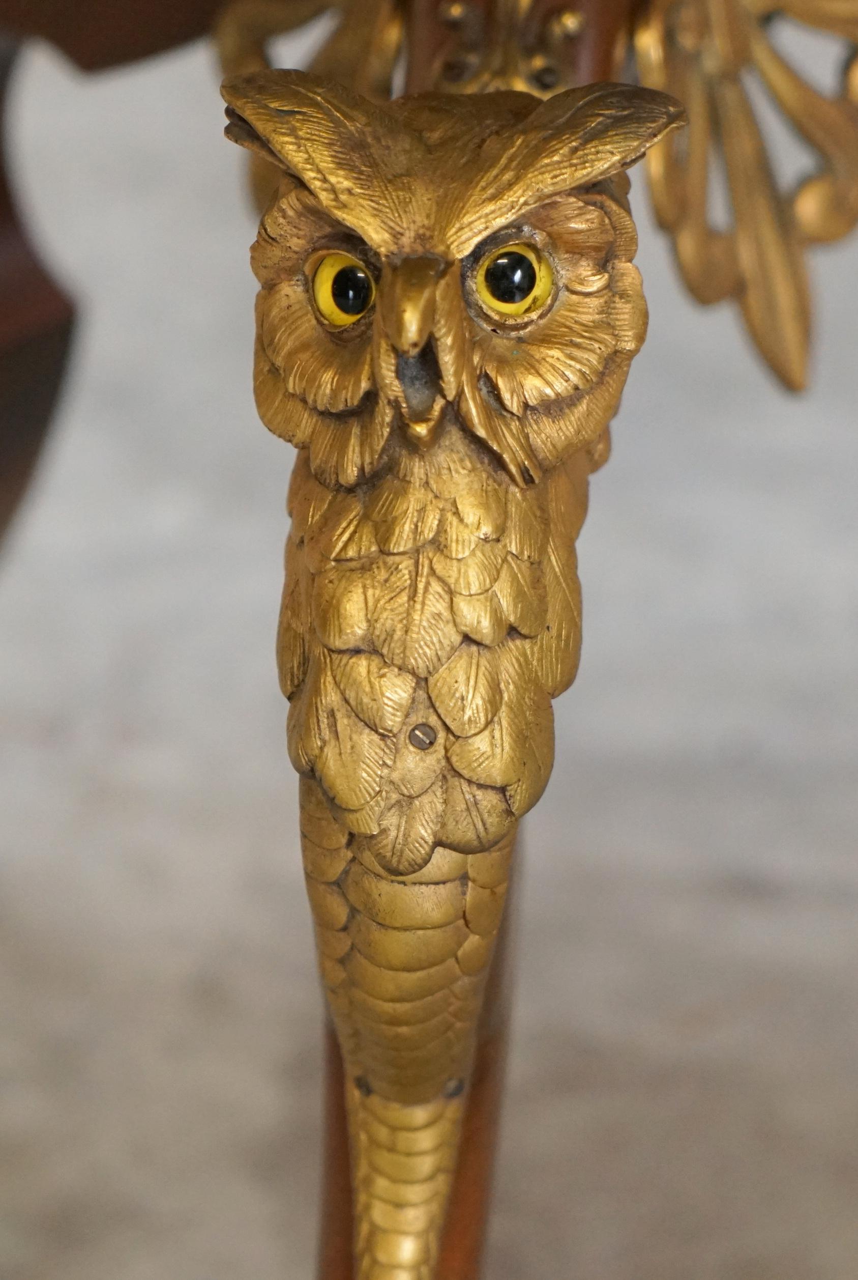 Stunning Gilt Bronze Owl Mounted Side End Lamp Table Claw & Ball Feet Glass Eyes 2