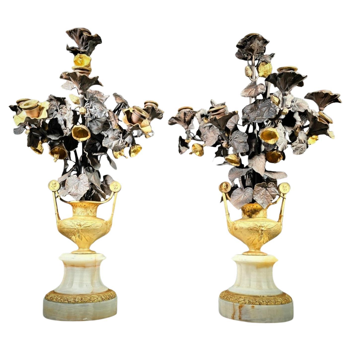 Stunning Gilt Bronze Vases with Flowers, Possibly Italian from the 19th Century For Sale