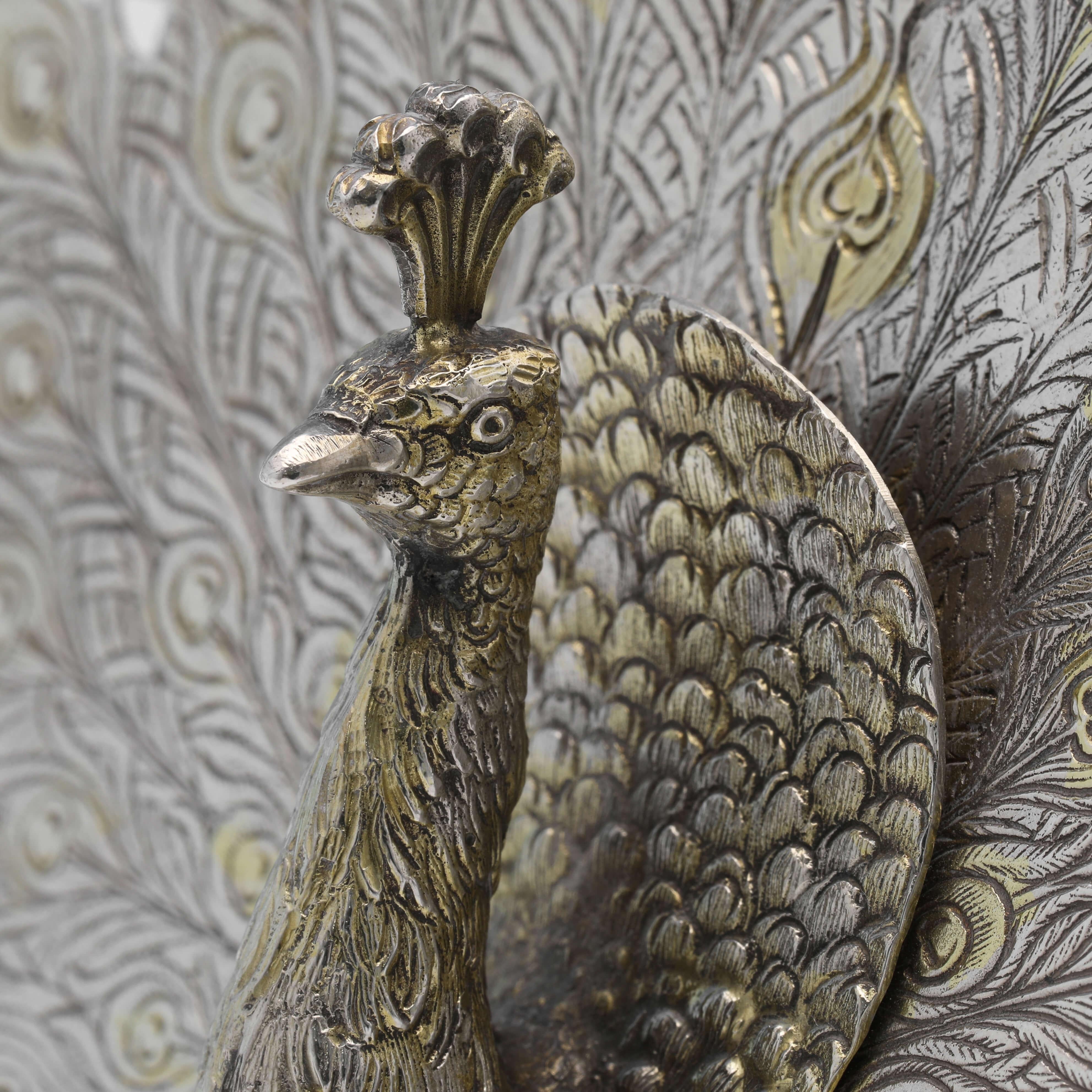 English Stunning Gilt & Sterling Silver Model of a Peacock, London 1970