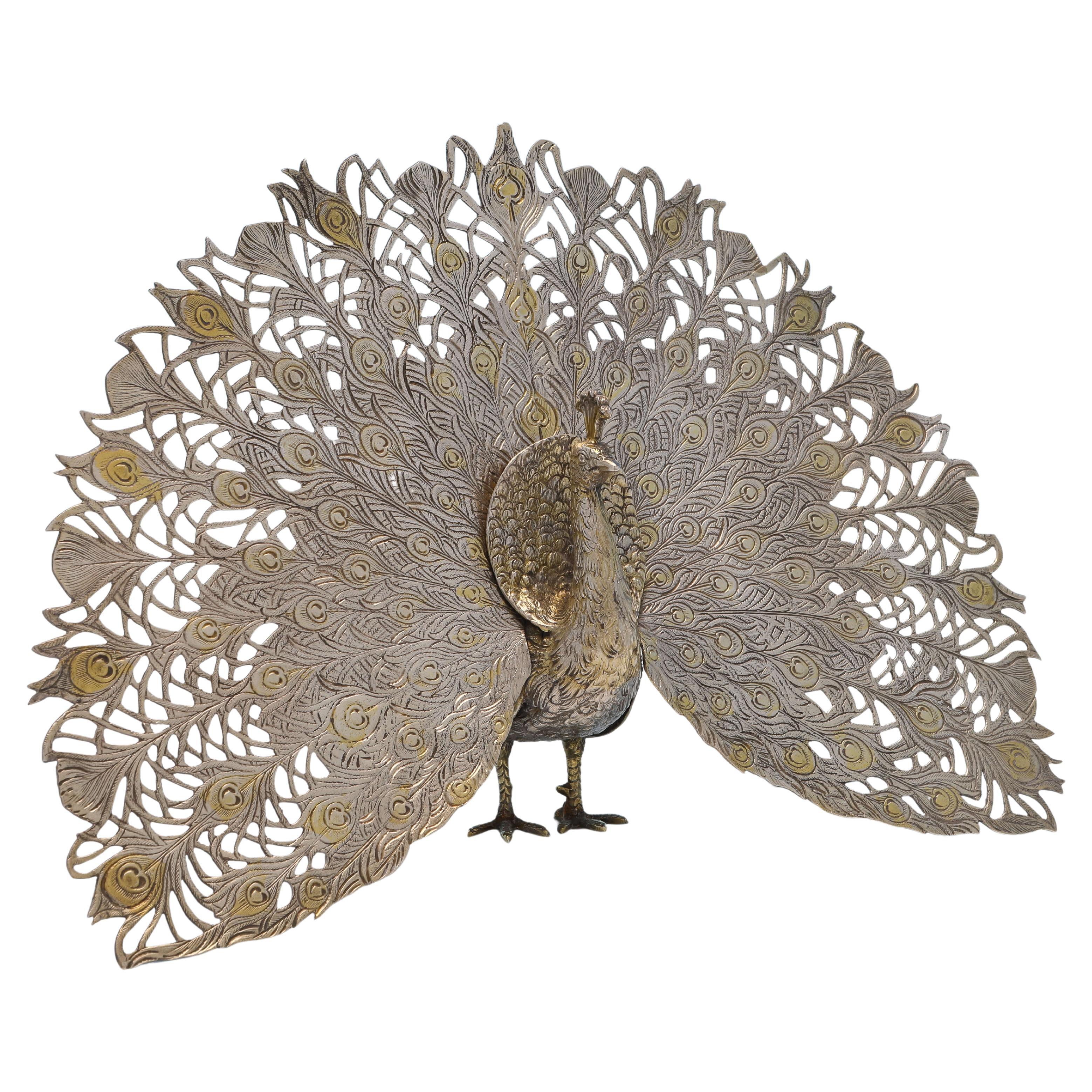 Stunning Gilt & Sterling Silver Model of a Peacock, London 1970