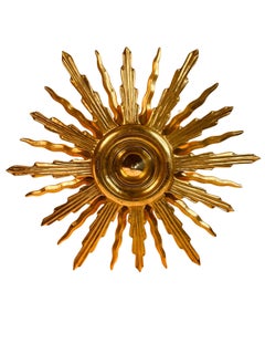Stunning gilt Wood Starburst Sunburst Wall or Flush Mount Ceiling Light 1960s