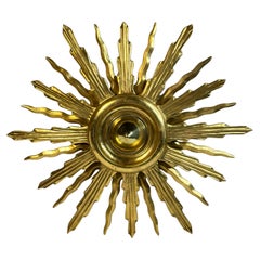 Stunning gilt Wood Starburst Sunburst Wall or Flush Mount Ceiling Light 1960s