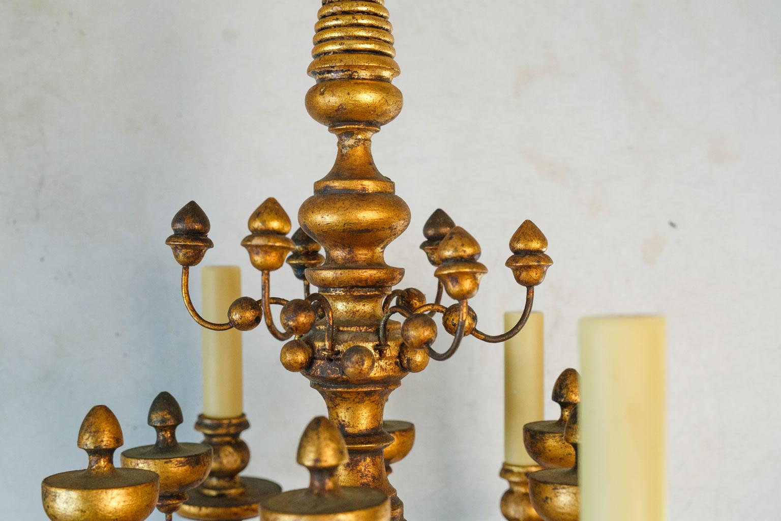 Stunning Gilt  Italian Chandelier of Metal and Wood with  playful design.  For Sale 4