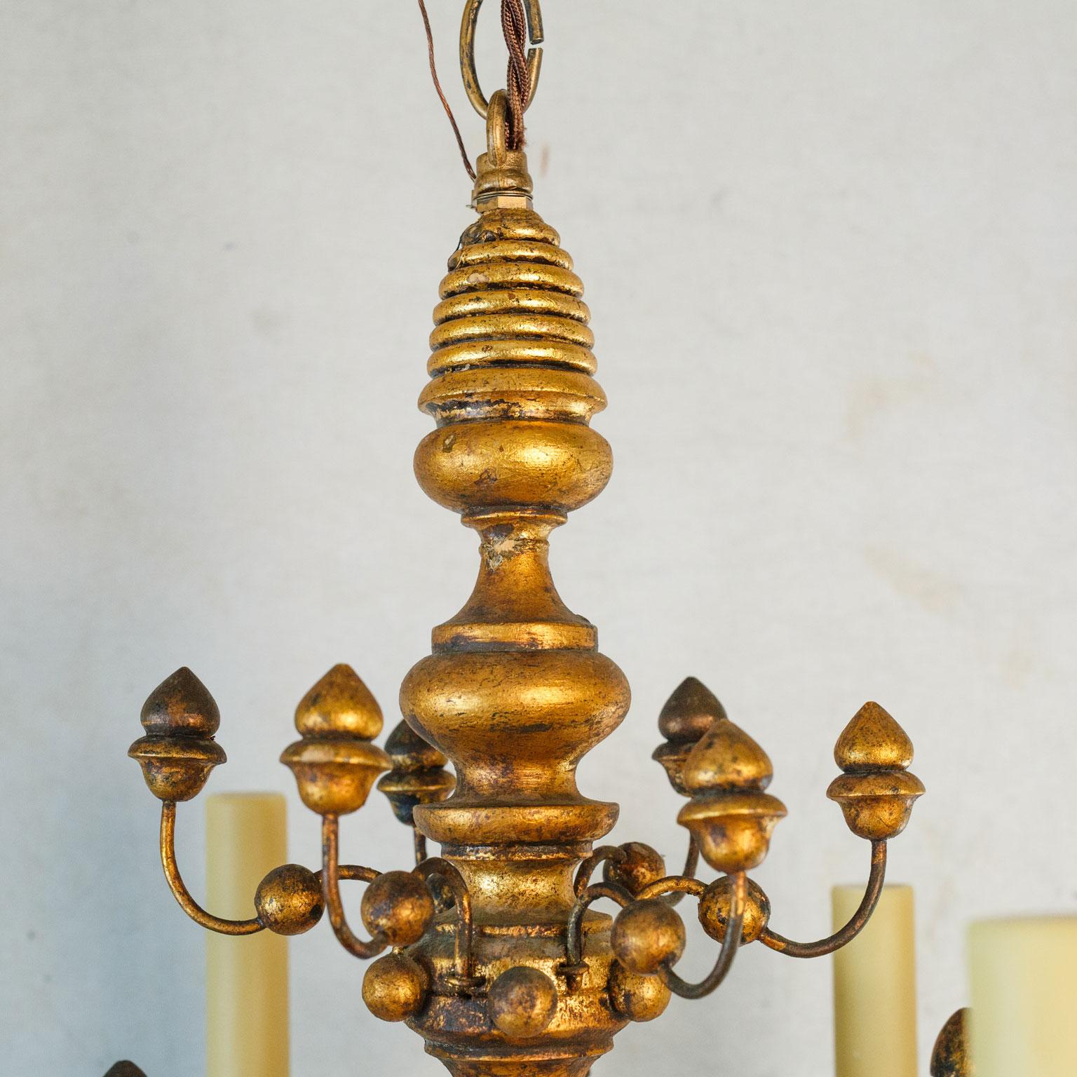 Stunning Gilt  Italian Chandelier of Metal and Wood with  playful design.  For Sale 5