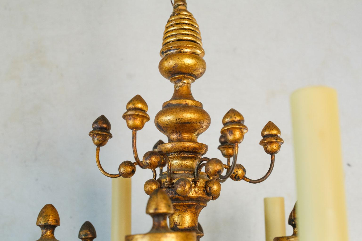 Stunning Gilt  Italian Chandelier of Metal and Wood with  playful design.  For Sale 3