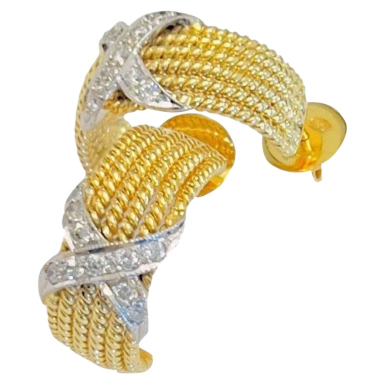 Stunning Gold & Diamond X Cable Half Hoop Earrings For Sale
