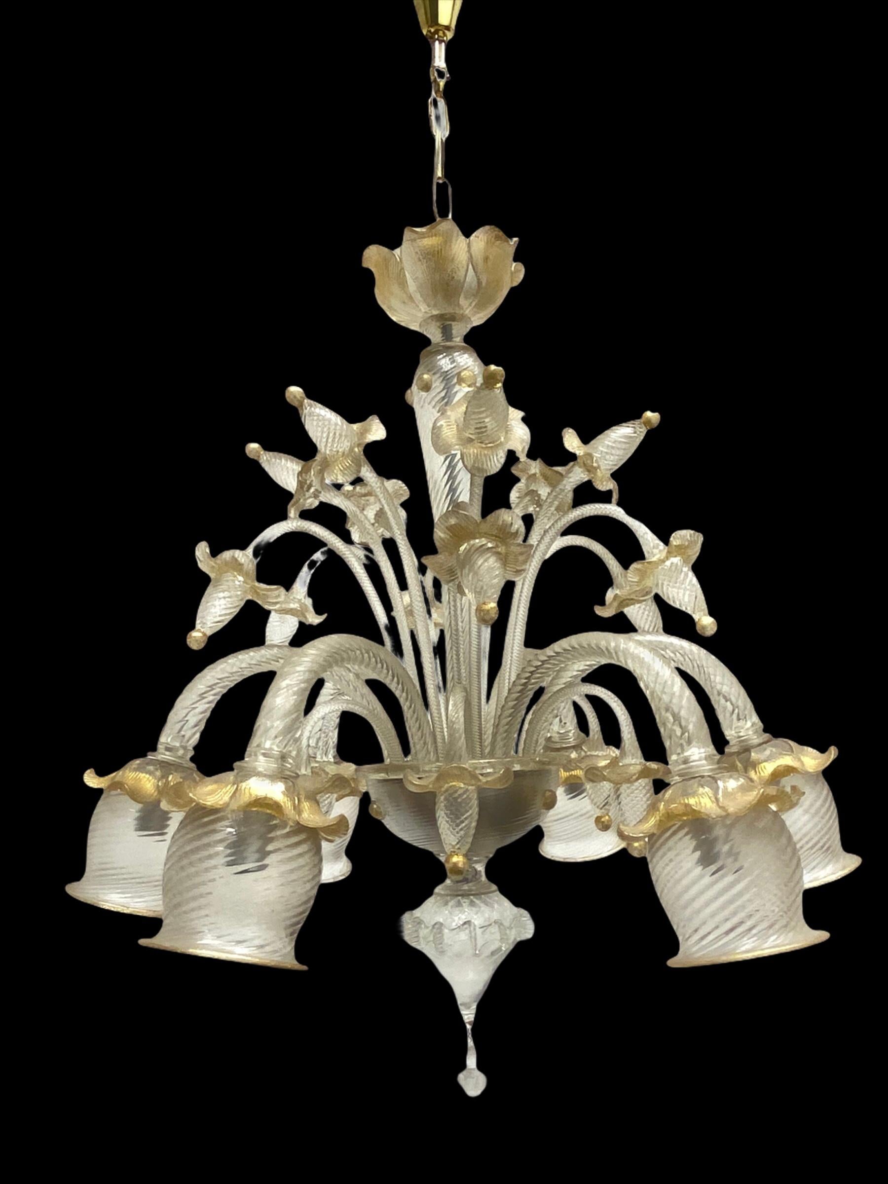Hollywood Regency Stunning Gold Dusted Murano Chandelier, by Barovier Toso Murano, Italy, 1960s For Sale