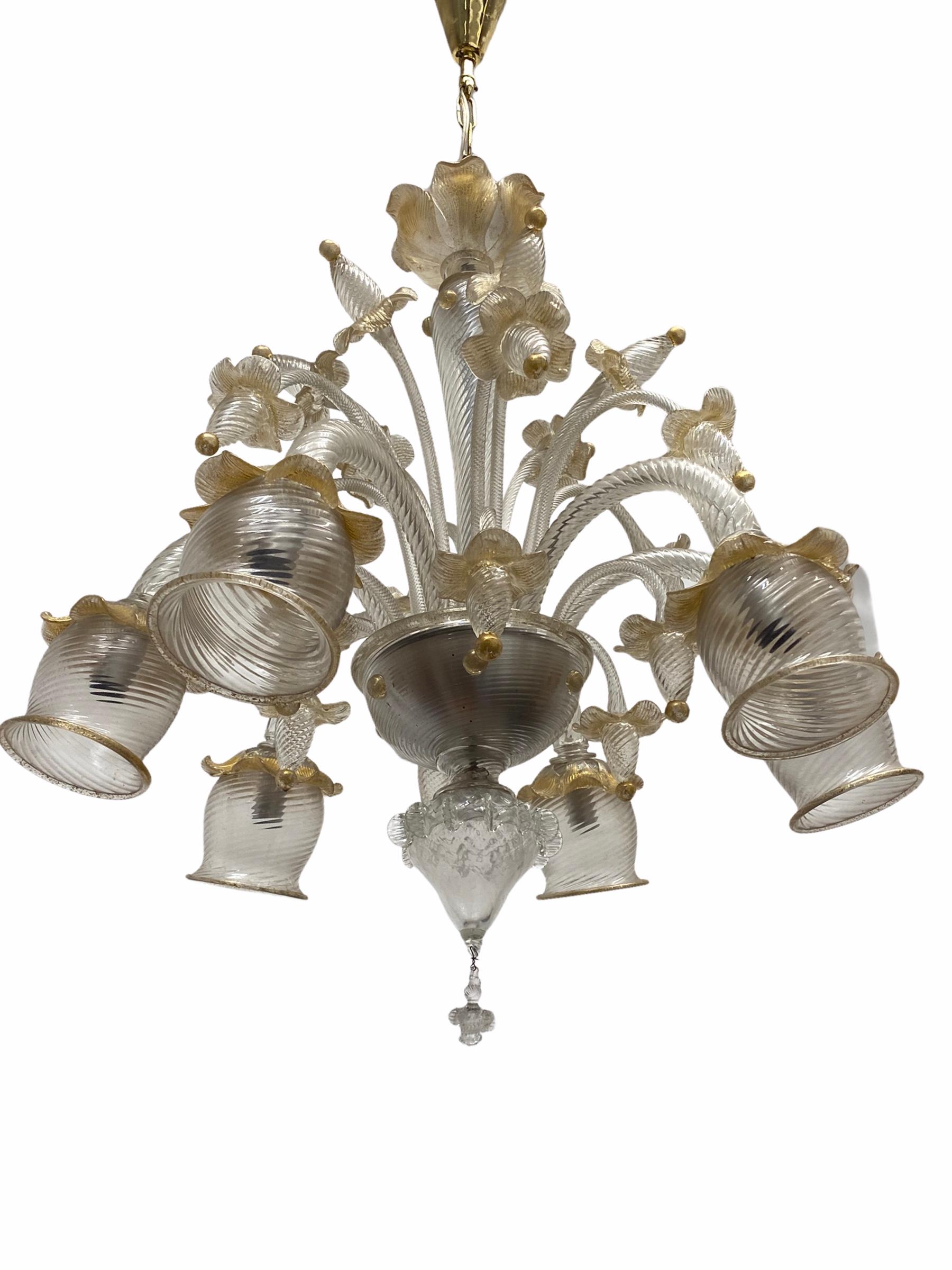Metal Stunning Gold Dusted Murano Chandelier, by Barovier Toso Murano, Italy, 1960s For Sale
