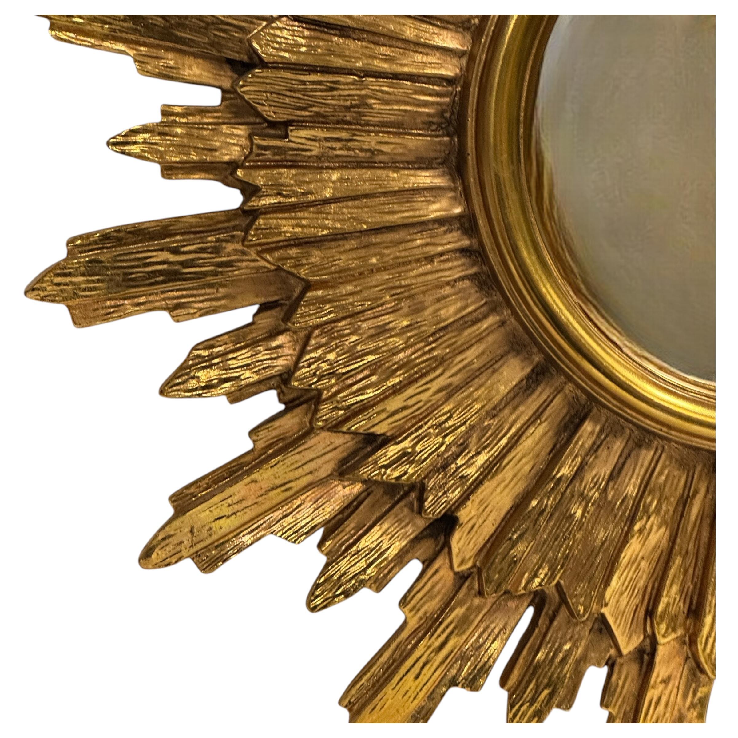 Stunning Gold Gilded Sunburst Starburst Flat Mirror, Toleware Belgium 1960s 5