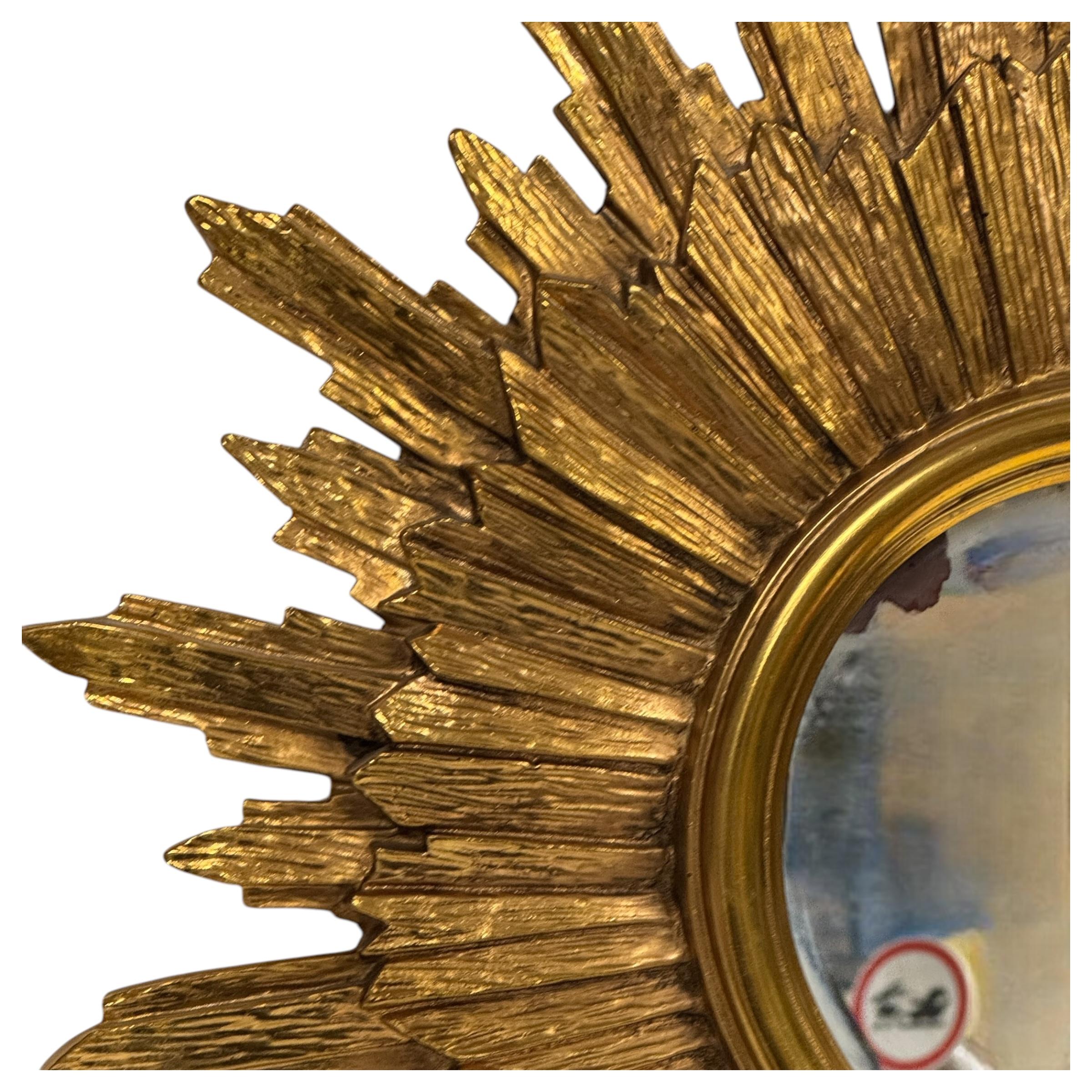 Stunning Gold Gilded Sunburst Starburst Flat Mirror, Toleware Belgium 1960s 7