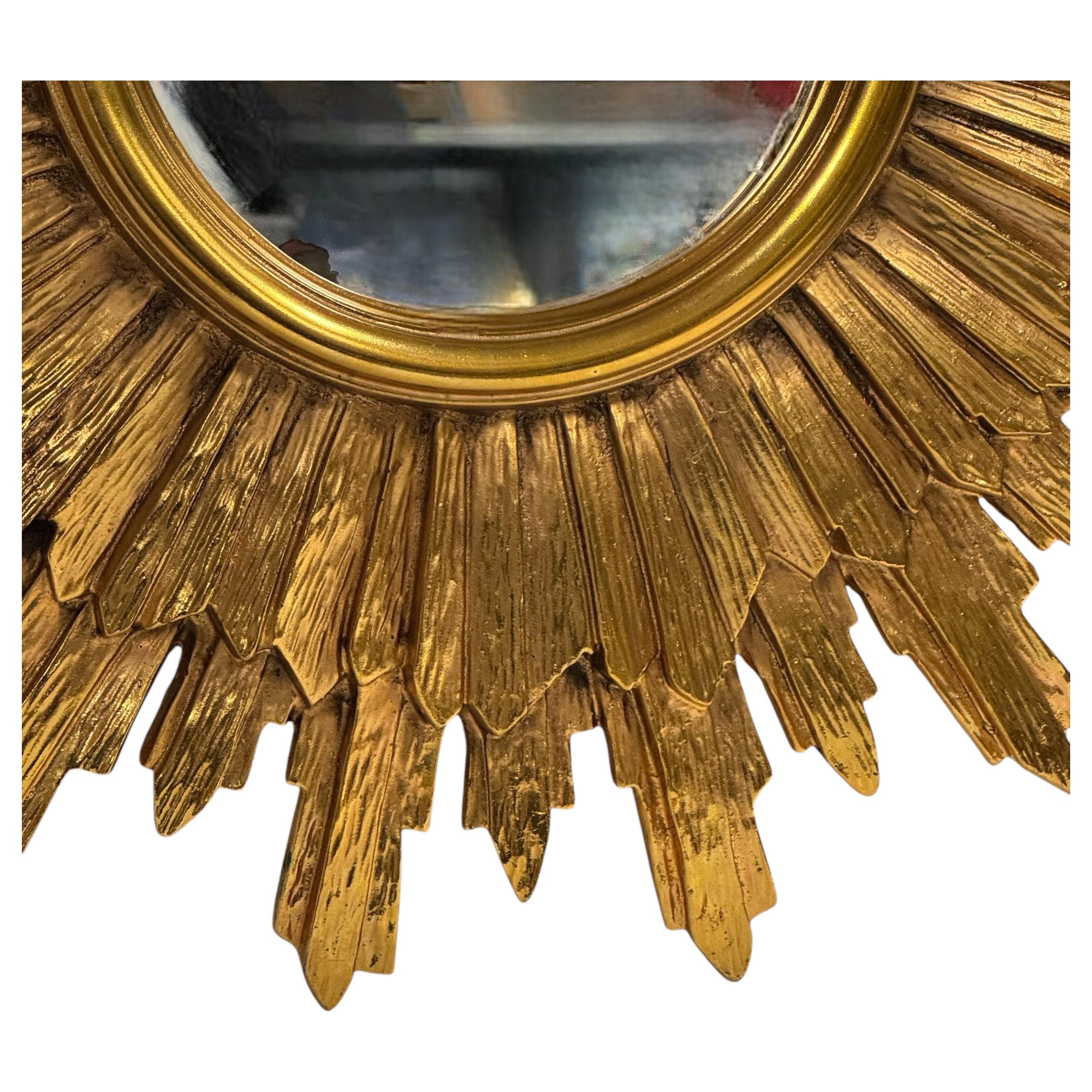 Stunning Gold Gilded Sunburst Starburst Flat Mirror, Toleware Belgium 1960s 9