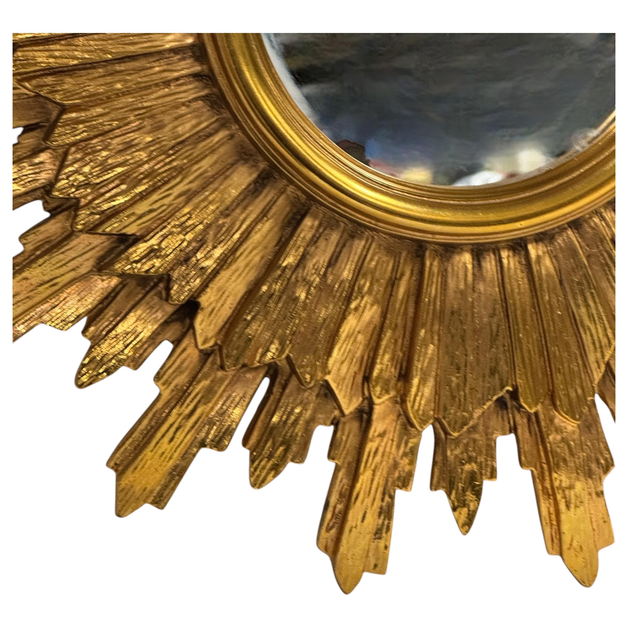 Stunning Gold Gilded Sunburst Starburst Flat Mirror, Toleware Belgium 1960s 10