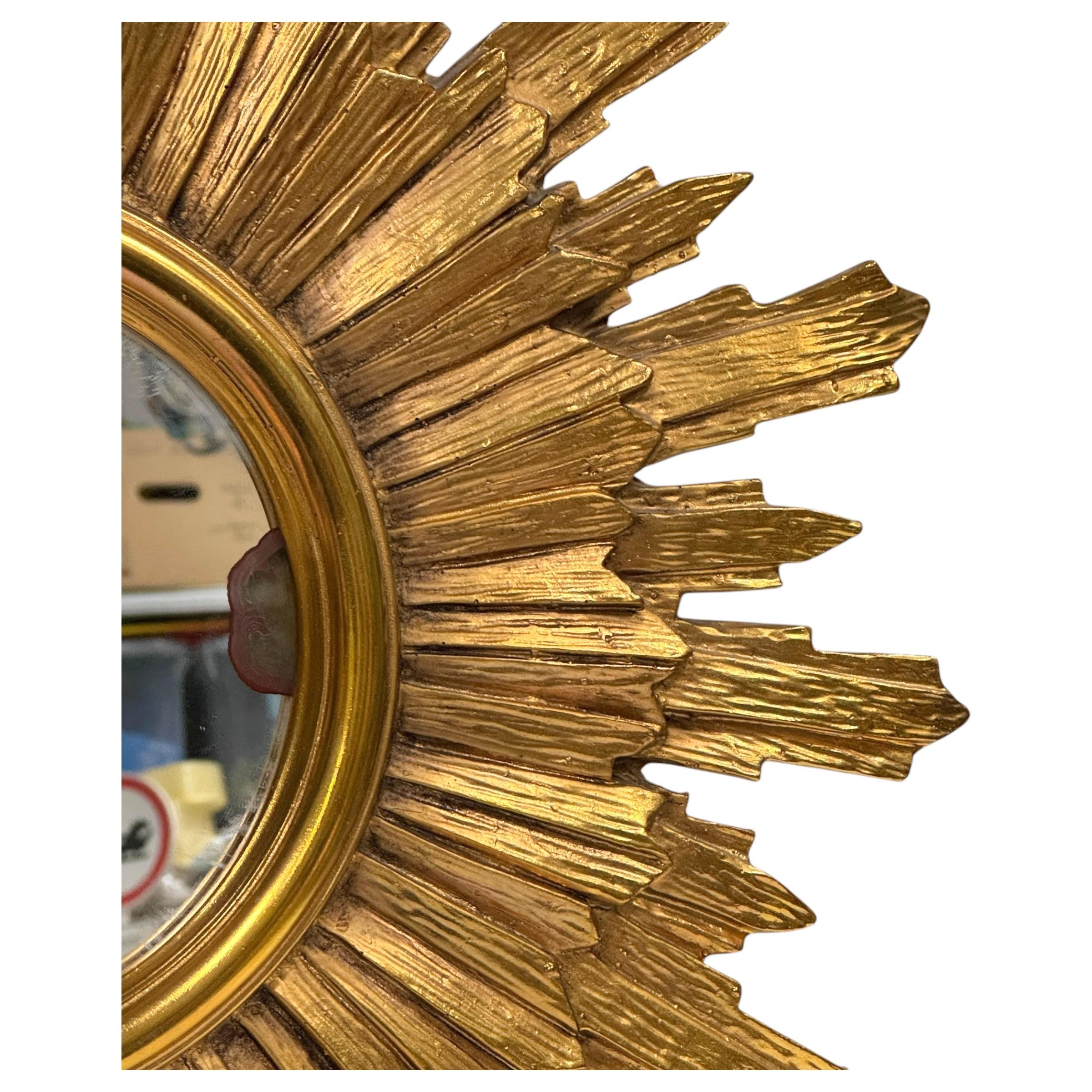 Belgian Stunning Gold Gilded Sunburst Starburst Flat Mirror, Toleware Belgium 1960s