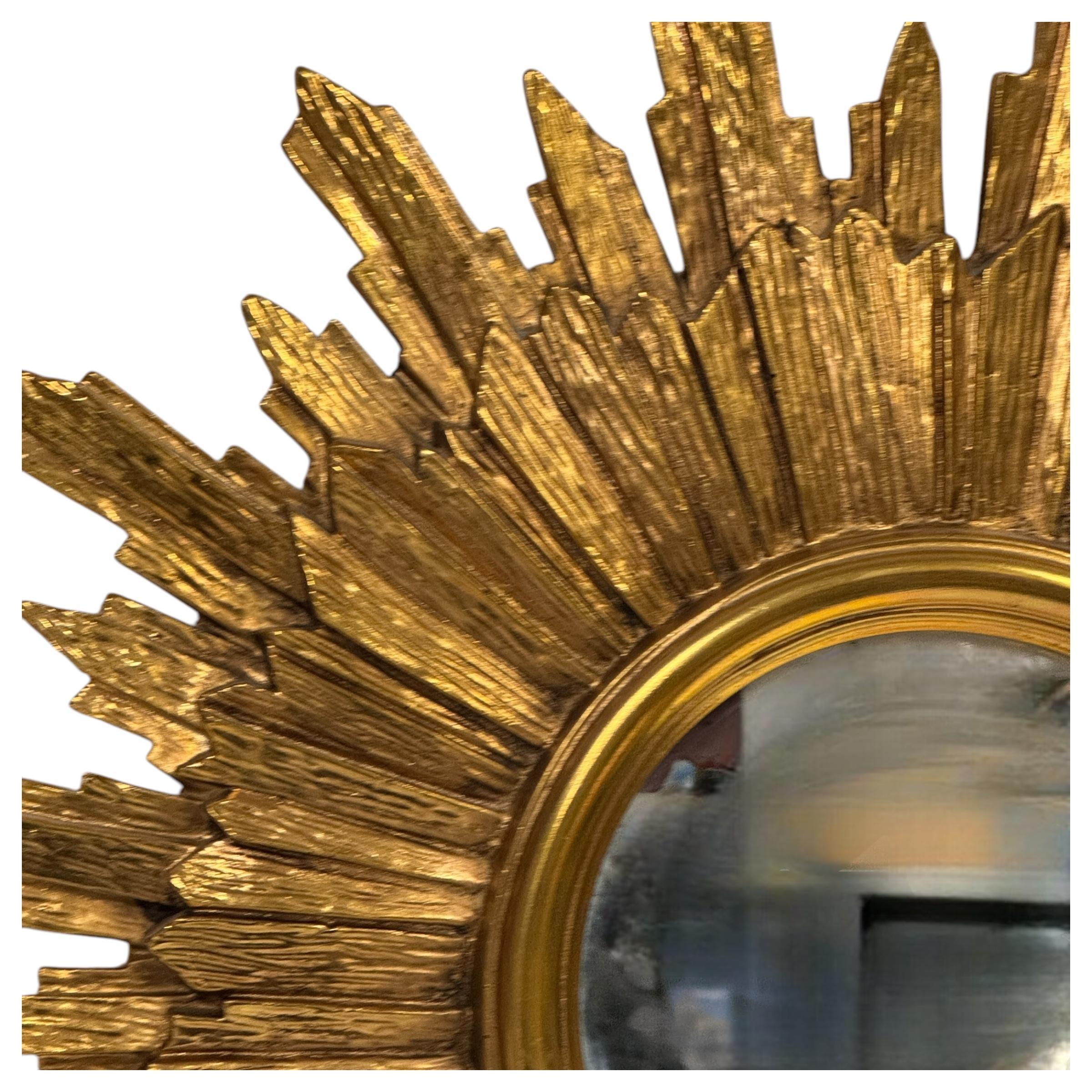 Stunning Gold Gilded Sunburst Starburst Flat Mirror, Toleware Belgium 1960s 2