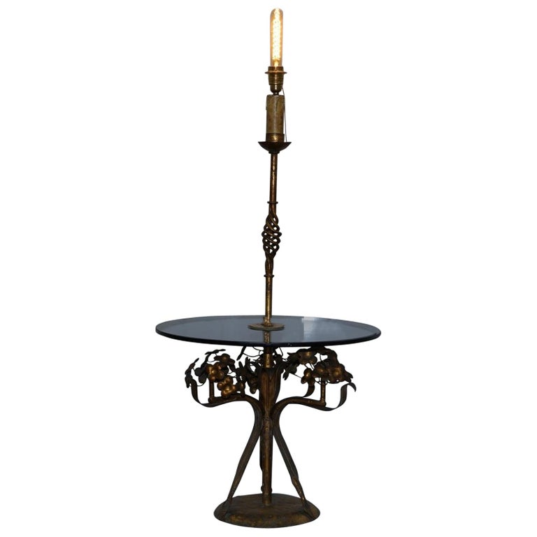 Stunning Gold Leaf Floral Painted Smoked Glass Side Table With Built In Lamp For Sale At 1stdibs