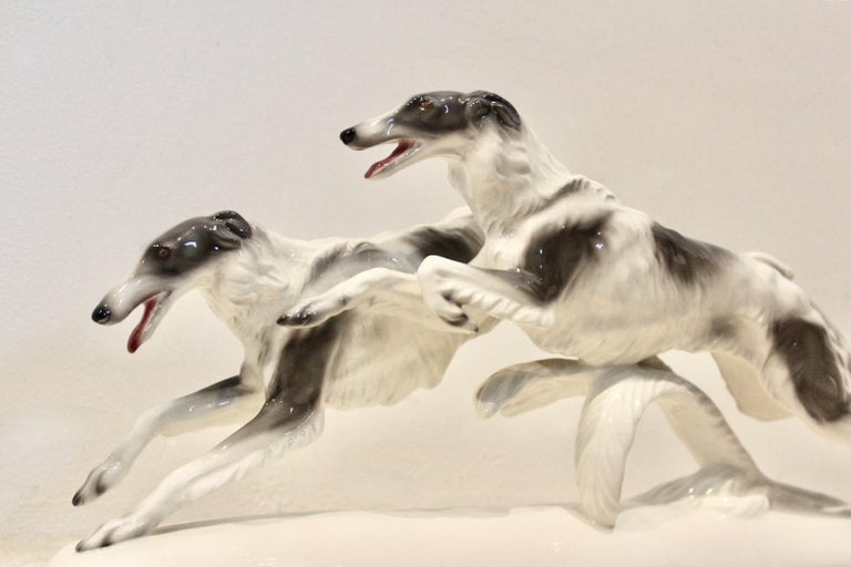 A Stunning and beautiful Hand Painted ceramic Barzoi sculpture made in Austria by Goldscheider in the 1930s. This very decorative ceramic barzoi figurine by the renowned company of Friedrich Goldscheider in Vienna - Austria. The manufactory of